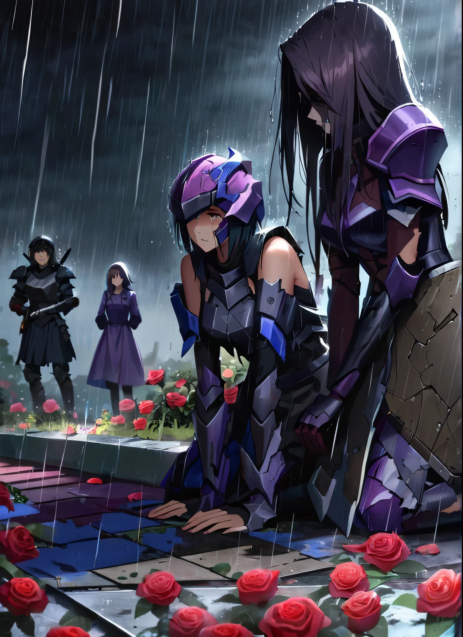 three girls, kneeling in the floor, wearing a ultra shattered and ultra broken cute skimpy dark armor, lot of missing pieces, very damaged armor ,ripped clothes, broken helmet ,broken shield and broken sword, in tears, sad, dramatic scene, tears flowing in the face, garden, roses, rain, ultra detailed face