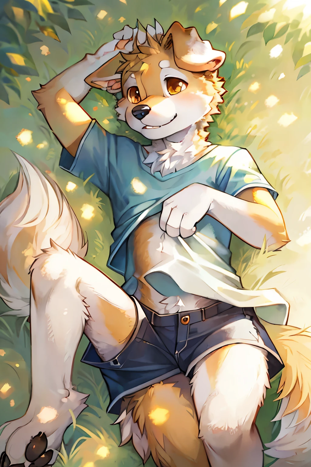 Detailed Canine Portrait, High Picture Quality, Realistic, Brown Eyes, Floppy Ears, Long Snout, White Fur on Paws, Owner's Hand Reaching Out, Warm Expression, Grassy Field Backdrop, Sunlight Filtering Through Trees, Golden Retriever Breed, Lifelike Texture, Fur Ruffling in the Wind, Paw Prints in the Sand, Adorable and Friendly Mood, Blue Shirted Owner, Short Sleeves, Casual Outfit, Emphasis on Facial Features, (Canine Portrait: 1.5), (Anatomy Correct: 1.1)