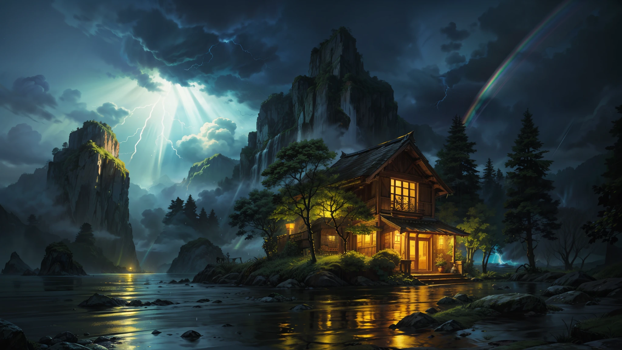 (((melhor qualidade))),(((ultra detalhado))),(((obra de arte))),(obra de arte), (melhor qualidade), (altamente detalhado), (ultra-detalhado) (pastel style) (anime detail) , Visualize a sleek and contemporary mansion set against a backdrop of lush greenery, its modern architectural design seamlessly blending with the surrounding landscape. As raindrops gently cascade down, the tranquil ambiance is punctuated by the soothing sound of rainfall. Despite the inclement weather, rays of sunlight break through the heavy clouds, casting a warm glow across the scene. And amidst the storm, a breathtaking rainbow graces the sky, its vibrant colors arching gracefully over the horizon, a symbol of hope and beauty amidst the tempest." Float ISLAND, FLOAT, ISLAND, UP TEMPEST