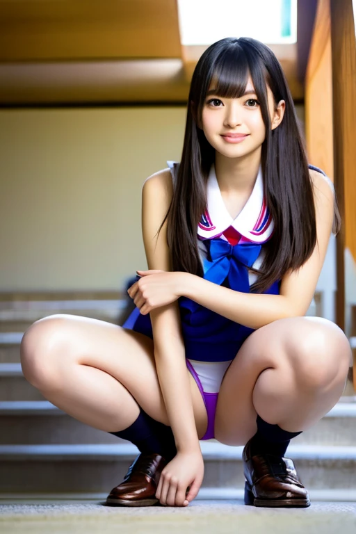 highest quality, masterpiece, Ultra-high resolution, (Realistic:1.4), RAW Photos, Full Body Shot, Front view, From below, One girl, The most famous Japanese idols, (Squatting on the stairs), ((Wearing a Japanese high school uniform)), (Very cute face like the most popular Japanese idol, (very beautiful big eyes)), Very beautiful hair, Very beautiful skin, Very beautiful long eyelashes, Very beautiful lips, Very beautiful short body, Very beautiful thighs, An innocent smile, View your viewers, Dynamic Pose, Detailed play area, Detailed matching of Japanese high school uniforms, 、bikini、SFW、Spread your legs、bikini姿の女性、Low rise、Open legs、The chest is open、bikiniアーマー、(Showing off tiny swimsuits)、Spread your legs、