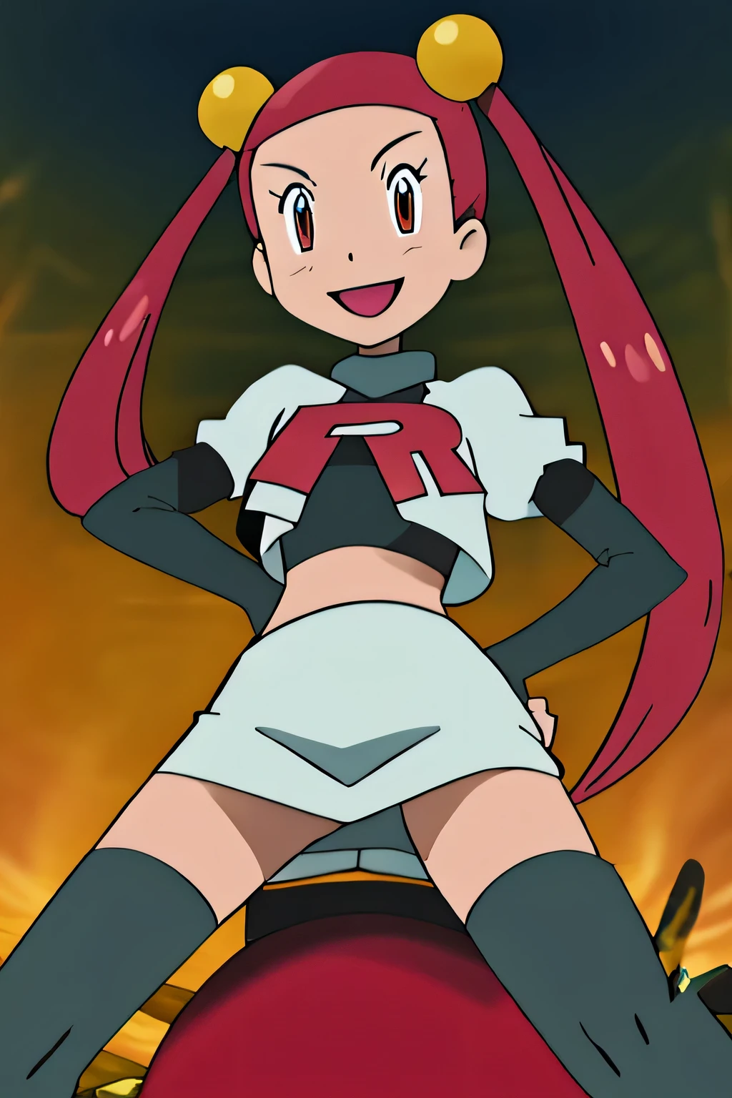 masterpiece,best quality,high res,high quality,8k, masterpiece,highres, team rocket uniform, red letter r, white skirt,white crop top,black thigh-high boots, black elbow gloves, smiling, looking down at viewer, hands on hips, cowboy shot, zettai ryouiki,spread legs,from below, black panties,anime style, vivid colors, sharp focus, intense lighting,Mira_pokemon