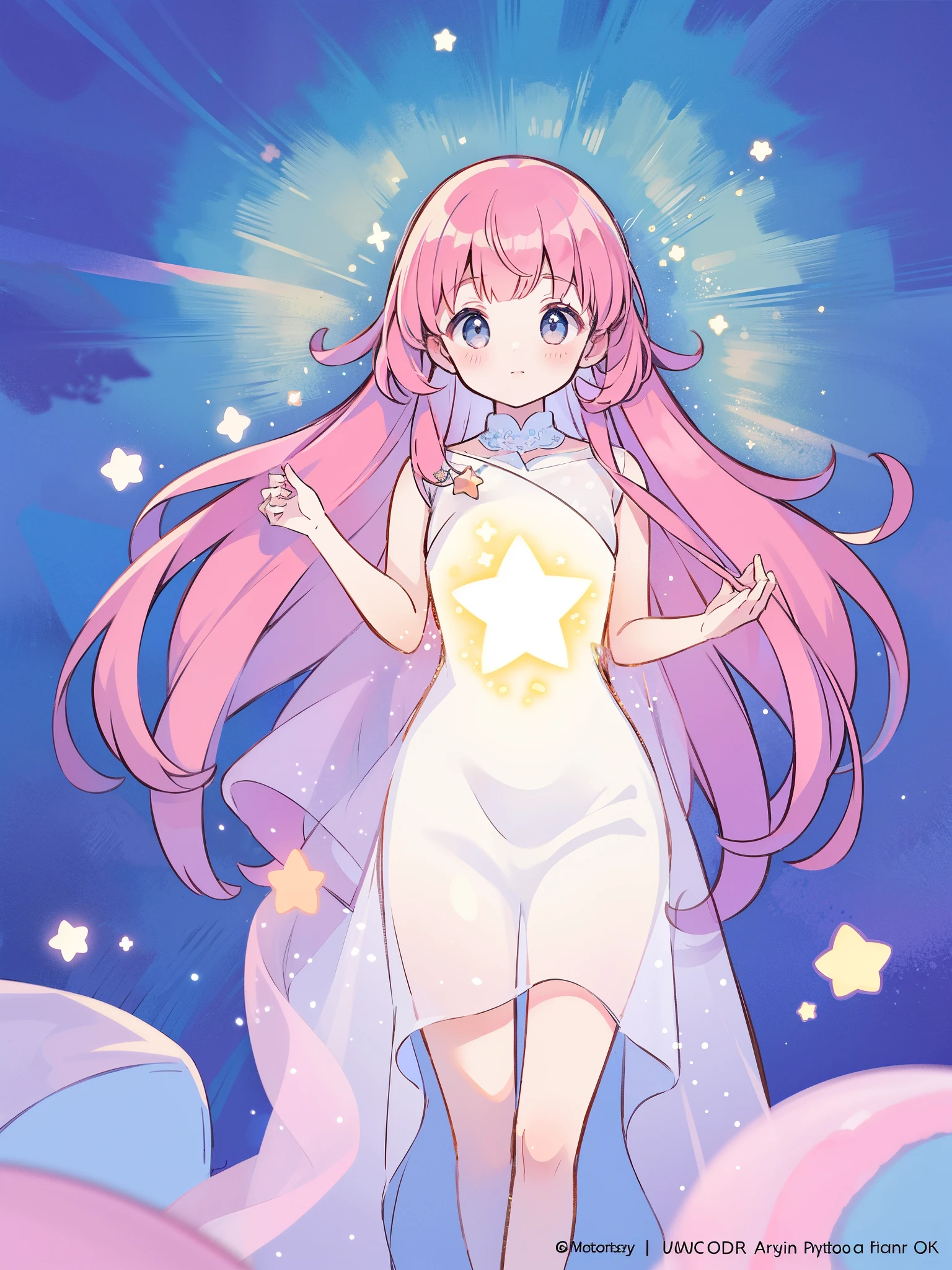 complex background, wishing star background, a woman wearing an ethereal mystical pink translucent dress that reflects the stars, perfume promo art, mystic, complex drawing, highly detailed, Covergirl brand, promo art, artistic rendition, ethereal, starry night, midjourney style