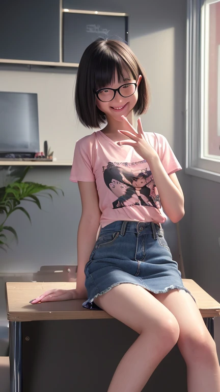 highest quality、8K、Super detailed、(Ultra flat, Flat Shading),Honors Type,naked,Really blushing,,Baby Face,Distressed low-leg denim mini skirt,Printed T-shirt, Short bob cut black hair,Glasses,Very short stature,Very thin limbs,Very thin thighs,indoor,Dark Room,Study at a desk,Winter twilight,sunset,Looking at the audience,I was incontinent,Spread your legs as wide as possible,I can see the panties、Beautiful and delicate female fingers,Cute cracks with attention to detail,Moist salmon pink wide open pussy:1.2,Excited and shy smile,Ecstatic expression,Selfie camera in front of me,((surely:Precise five fingers))、surely:Accurate and detailed beautiful female fingers,Real Photo:1.6