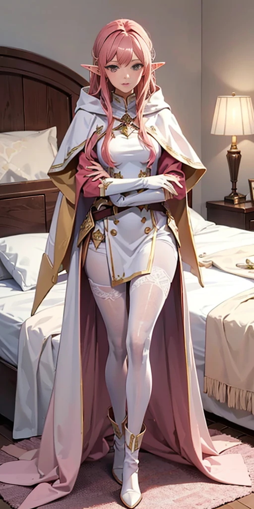 red tinted hair, white armor, long cape, long black glovelack pantyhoses, beautiful female standing with white boots (elf) (1girl) solo, sitting on bed, bedroom background (PINK SHEETS and a pillow)