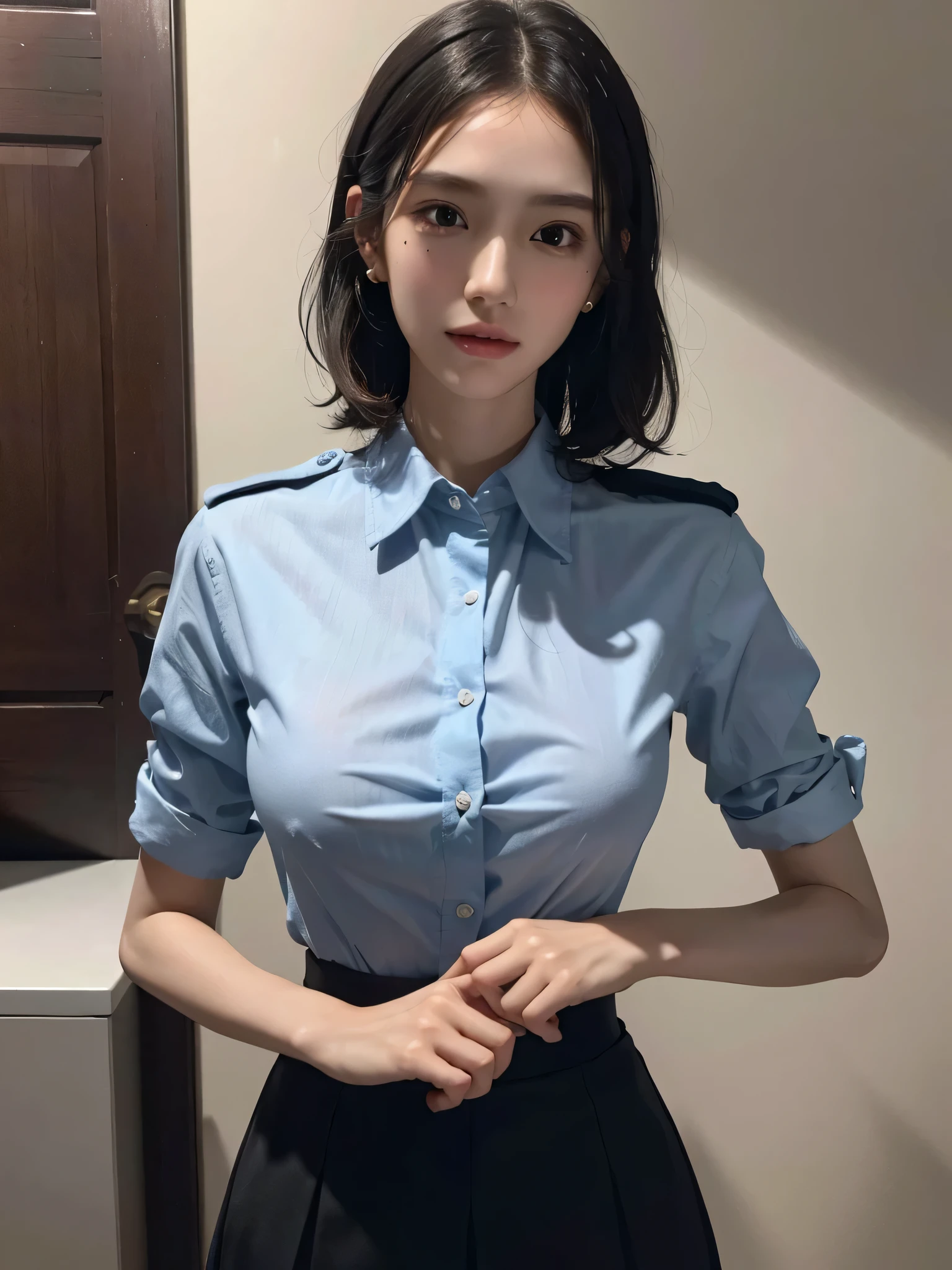 absurdres, RAW photo, extremely delicate and beautiful, masterpiece, Best Quality, ultra high resolution, 32k, hyperrealistic, ultra-detailed, perfect anatomy, perfect figure, super Detailed skin, 20 years old, very Slim body, narrow waist, very small head, very small face, delicate facial features, tearful mole, earring, thin legs, bare legs, ((very huge round breasts)), short medium hair, braid hair, ((wavy hair)), wet clothes, police uniform, skirt, collared dress shirt,