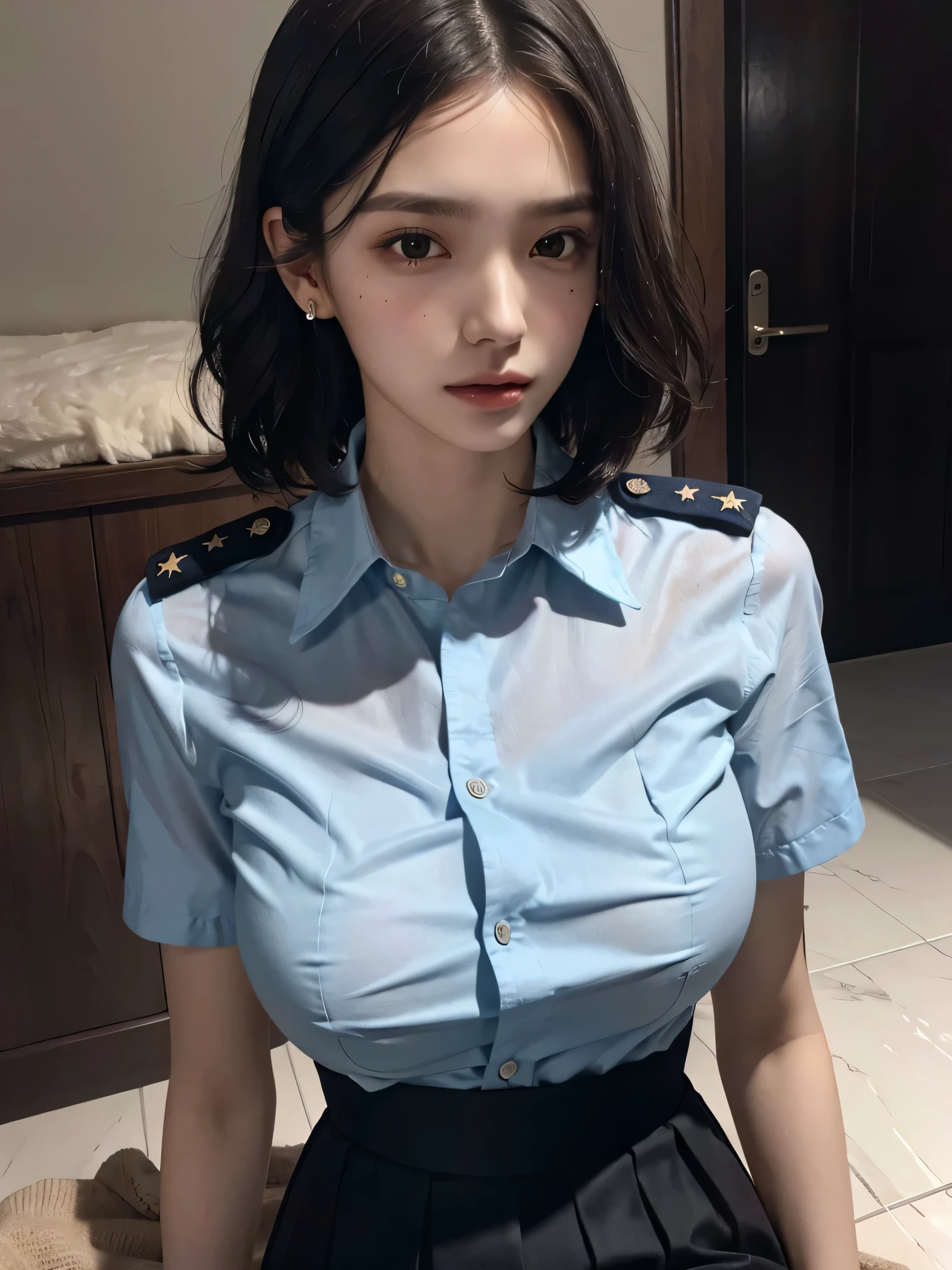 absurdres, RAW photo, extremely delicate and beautiful, masterpiece, Best Quality, ultra high resolution, 32k, hyperrealistic, ultra-detailed, perfect anatomy, perfect figure, super Detailed skin, 20 years old, very Slim body, narrow waist, very small head, very small face, delicate facial features, tearful mole, earring, thin legs, bare legs, ((very huge round breasts)), short medium hair, ((wavy hair)), wet clothes, police uniform, skirt, collared dress shirt,