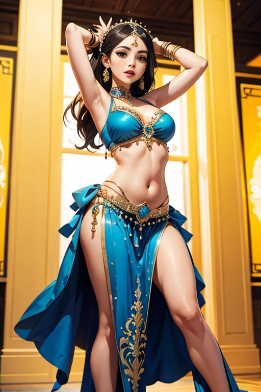 Filming location、It's an indoor belly dance performance named after a beautiful actress in her 20s.。
realistic、realistic and ultra-detailed finish、Create a highly detailed CG Unity 8K wallpaper。
The model is slender and cute.、good style、green eyes、small nose、 size。There is also a mature atmosphere.。
her characteristics are、、Hairstyle Up Styling、A slightly brighter and softer trendy hair color。
The model's skin type is delicate、Pay attention to the fine details and the softness of the hair.。
Please use a full body camera angle。
Fashion style is、、Wearing a belly dance costume。