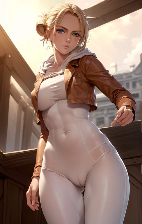 (masterpiece:1.5),(best quality:1.5),(high resolution:1.5),(8k:1.5),(perfect face:1.5),(beautiful detailed eyes:1.5),(Cowboy Shot:1.5) ,(extremely detailed face:1.5),(perfect lighting:1.5),(extremely detailed CG:1.5), (perfect hands:1.5),(perfect anatomy:1.5),,(perfect body:1.5),(perfect hands:1.5),(perfect fingers:1.5),(full body:1.5),,(1woman:1.3),(realistic:1.3),pale skin,(large breasts:1.2)(large ass:1.1),(hood t-shirt :1.3),(Brown Leather jacket:1.3),(White long pants:1.3) (blonde single bun hair:1.2),(blue eyes:1.2),(sexy look:1.3),(cameltoe:1.2),stand,(outside:1.3),(sweat:1.1),(fight pose:1.2)