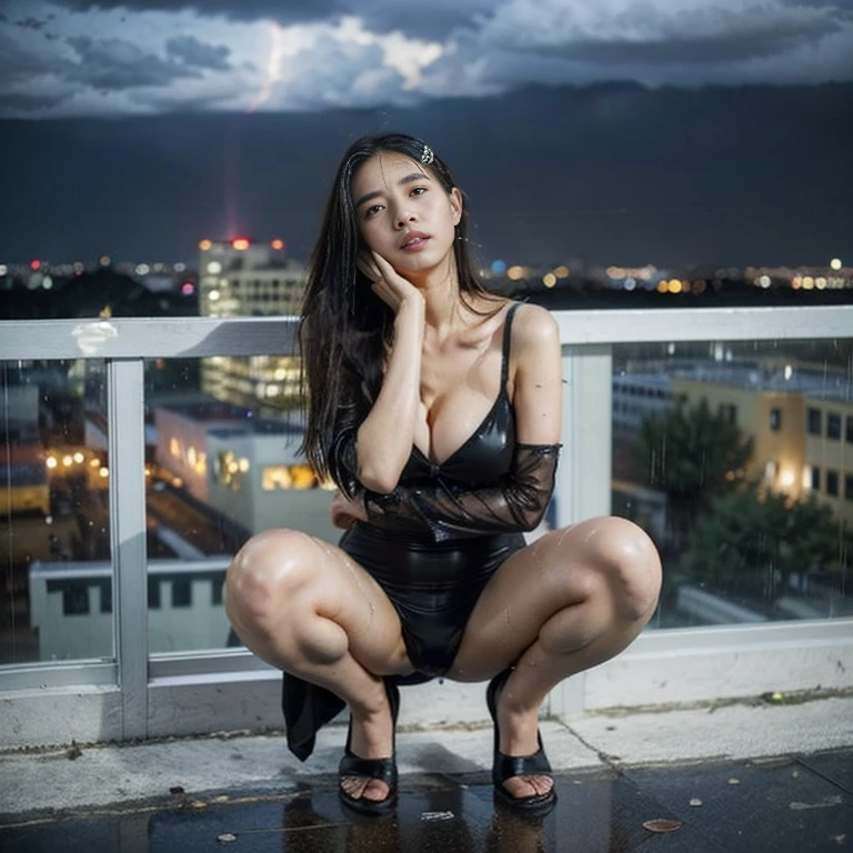 (highest quality、4K、High resolution)、Portrait、Beautifully detailed eyes、Perfectly shaped nose、Full and seductive lips、Shiny wet hair、A visually striking face、Ideal Body Proportions、(Spread your legs)、(Squat)、A feminine and primitive see-through dress、Stand on a rooftop and look out over the city skyline、Tall modern skyscrapers、There was a strong wind blowing.、((Heavy rain falls from dark clouds:1.6))、(motion blur effect)、Dramatic lightning lit up the sky、My wet clothes were sticking to my body、Standing gracefully and confidently on the rooftop、Dresses fluttering in the wind、Eyes staring straight into the camera lens、It creates a fascinating and powerful connection.、natural breast、