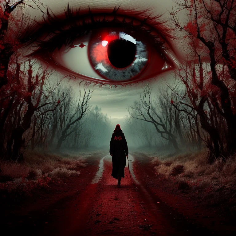 Close-up of a person walking along a dirt road with creepy eyes, Spiritual creepy spooky pictures, Red eyes, Kamokuchi, Red eyes, Red eyes, Horror Surreal Art, blood Red eyes, large Red eyes, Watcher, Red eyes, Red eyes wide open, Scary eyes, Nightmare vision, Mystical Eyes, with a Red eyes