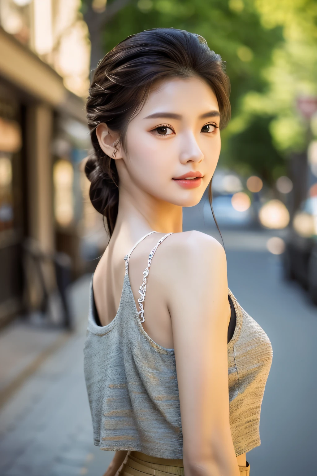 a lady, Photorealsitic, Detailed skin, Detailed lips, Detailed eyebrows, depth of fields, ccurate, Super Detail, Best Quality, hight resolution, Anatomically correct, Textured skin, high details, High quality, tanktop, short skirt, full body, street of country