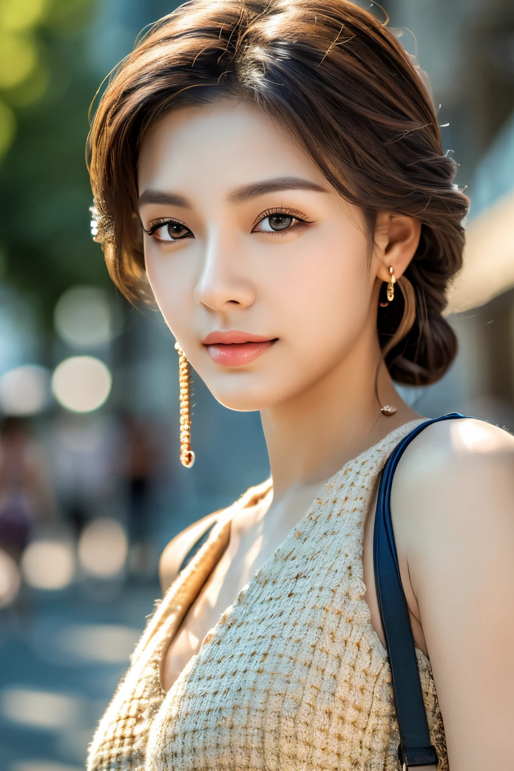 a lady, Photorealsitic, Detailed skin, Detailed lips, Detailed eyebrows, depth of fields, ccurate, Super Detail, Best Quality, hight resolution, Anatomically correct, Textured skin, high details, High quality, tanktop, short skirt, full body, street of country