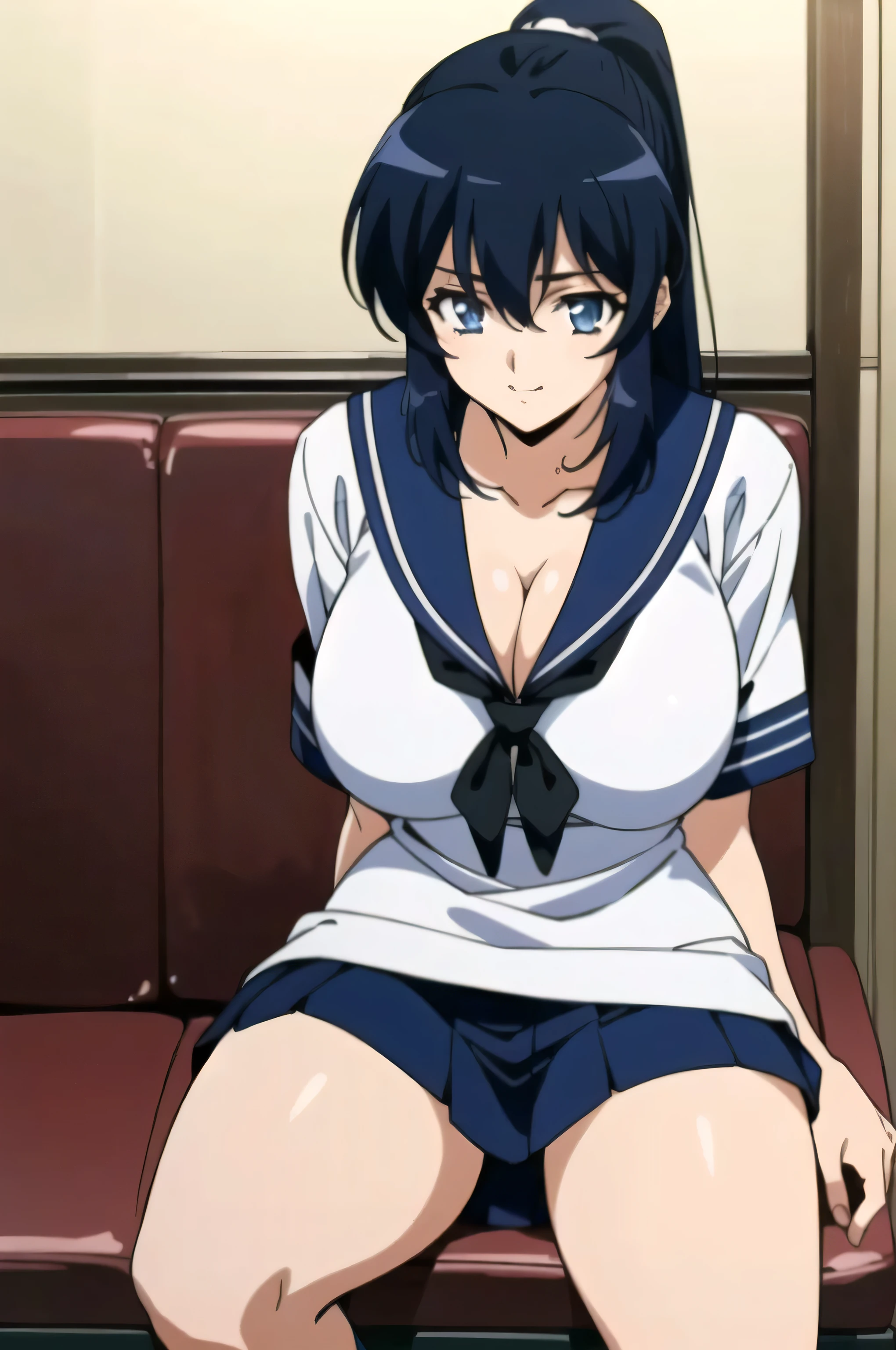 (Masterpiece Anime, Retro art style, Clean brush strokes, Very detailed, high resolution, 8k, Perfect Anatomy, Browsing Caution), indoor, living room, sofa, (Above the knee shot), (Himari Noihara,), 1Girl, Eyebrows visible through hair, bangs, Black Hair, Long Hair, ponytail, Purple eyes, (Sansakumaru:1.4), (Beautiful and realistic eyes:1.5), Confident々Smile, High Body, Long and beautiful legs, (Large Breasts:1.5), Cleavage,(Cute pose), (Sailor suit top), (Sailor suit miniskirt, Navy blue), Leather student bag,