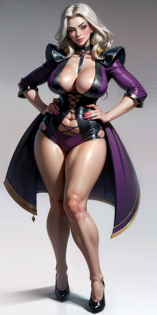 (plain background) (chest covered)(smile) gray skin, pale golden hair and violet eyes, huge knockers, full body standing symmetrical lustful smirking smile face red blush, pink painted nails, 1 girl full body standing straight symmetrical lustful smirking smile face red blushed, red cheeks, hands on hips