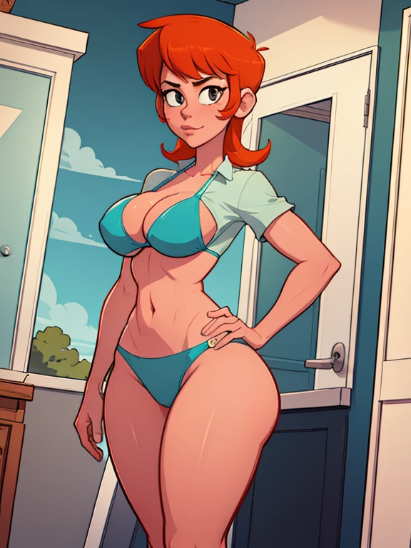 Dexter's Mom, tight bikini, sexy build, standing at attention, standing up straight, looking at viewer