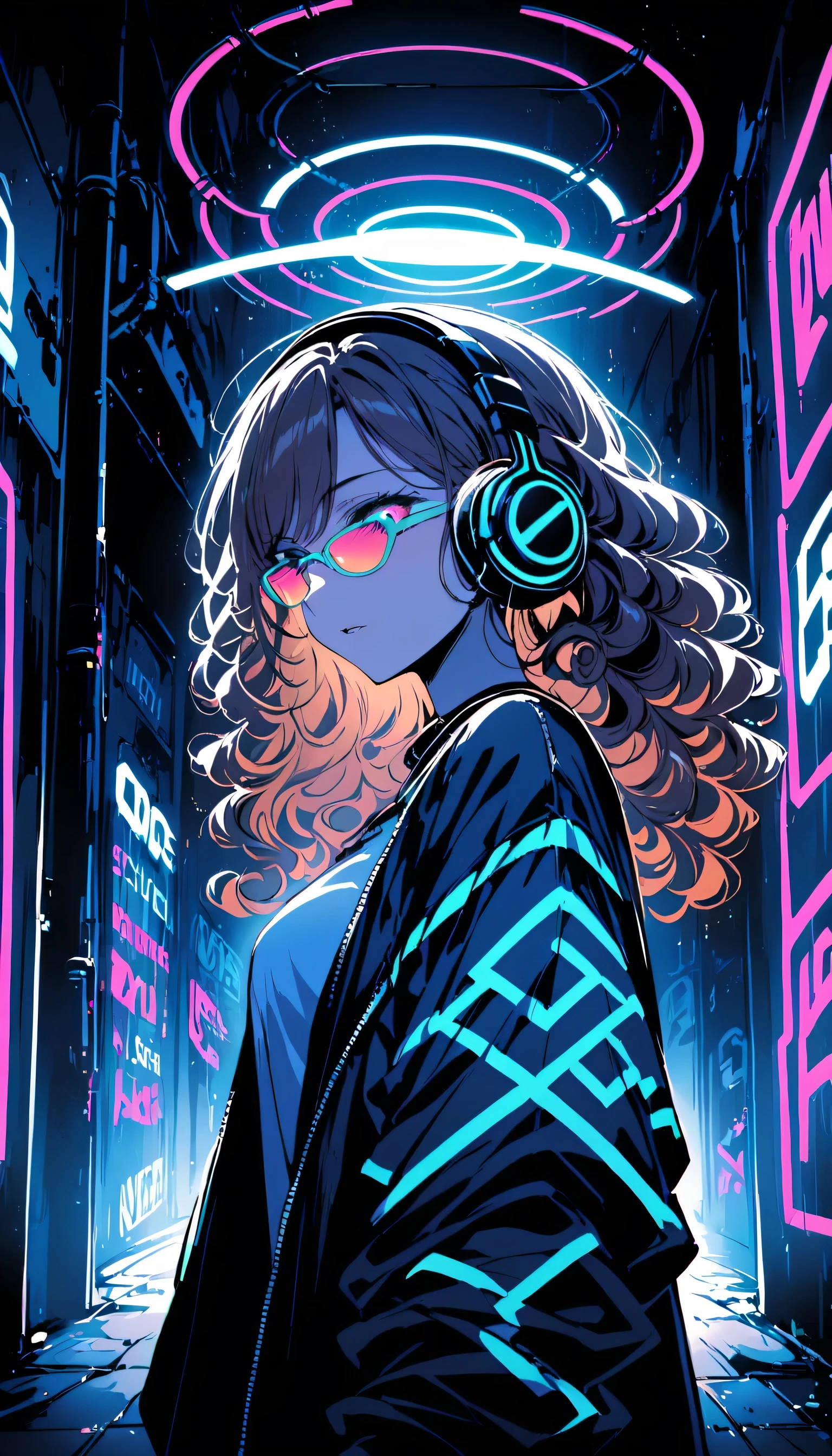 Brown Hair 、Beautiful woman with curly hair and sunglasses、Wearing full-sized headphones、Neon glow of neon cyberpunk coordinator at night in a dark room。Dramatic lighting、High Contrast、Street fashion、graffiti、Neon Light、 