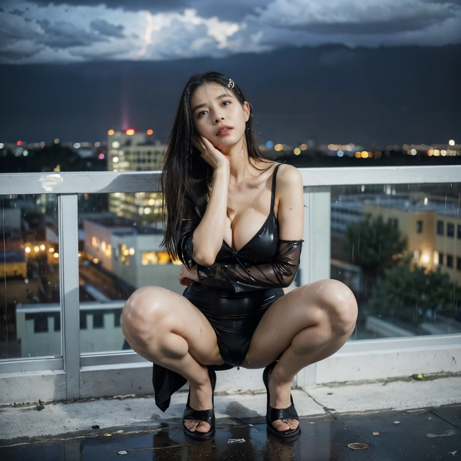 (highest quality、4K、High resolution)、Portrait、Beautifully detailed eyes、Perfectly shaped nose、Full and seductive lips、Shiny wet hair、A visually striking face、Ideal Body Proportions、(Spread your legs)、(Squat)、A feminine and primitive see-through dress、Stand on a rooftop and look out over the city skyline、Tall modern skyscrapers、There was a strong wind blowing.、((Heavy rain falls from dark clouds:1.6))、(motion blur effect)、Dramatic lightning lit up the sky、My wet clothes were sticking to my body、Standing gracefully and confidently on the rooftop、Dresses fluttering in the wind、Eyes staring straight into the camera lens、It creates a fascinating and powerful connection.、natural breast、