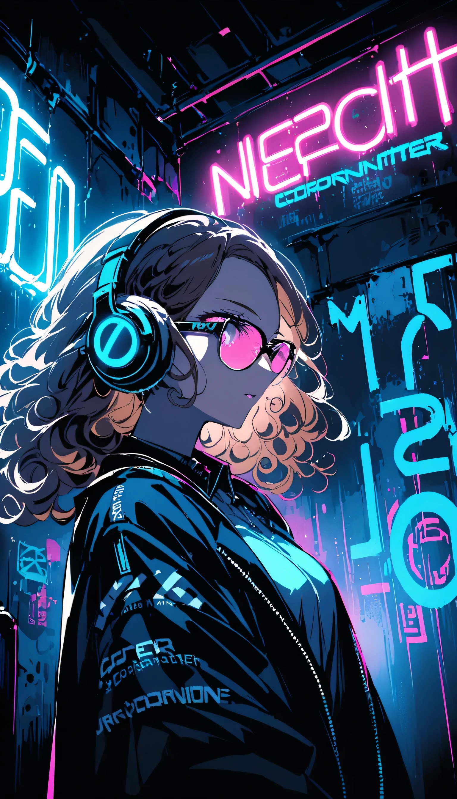 Brown Hair 、Beautiful woman with curly hair and sunglasses、Wearing full-sized headphones、Neon glow of neon cyberpunk coordinator at night in a dark room。Dramatic lighting、High Contrast、Street fashion、graffiti、Neon Light、 