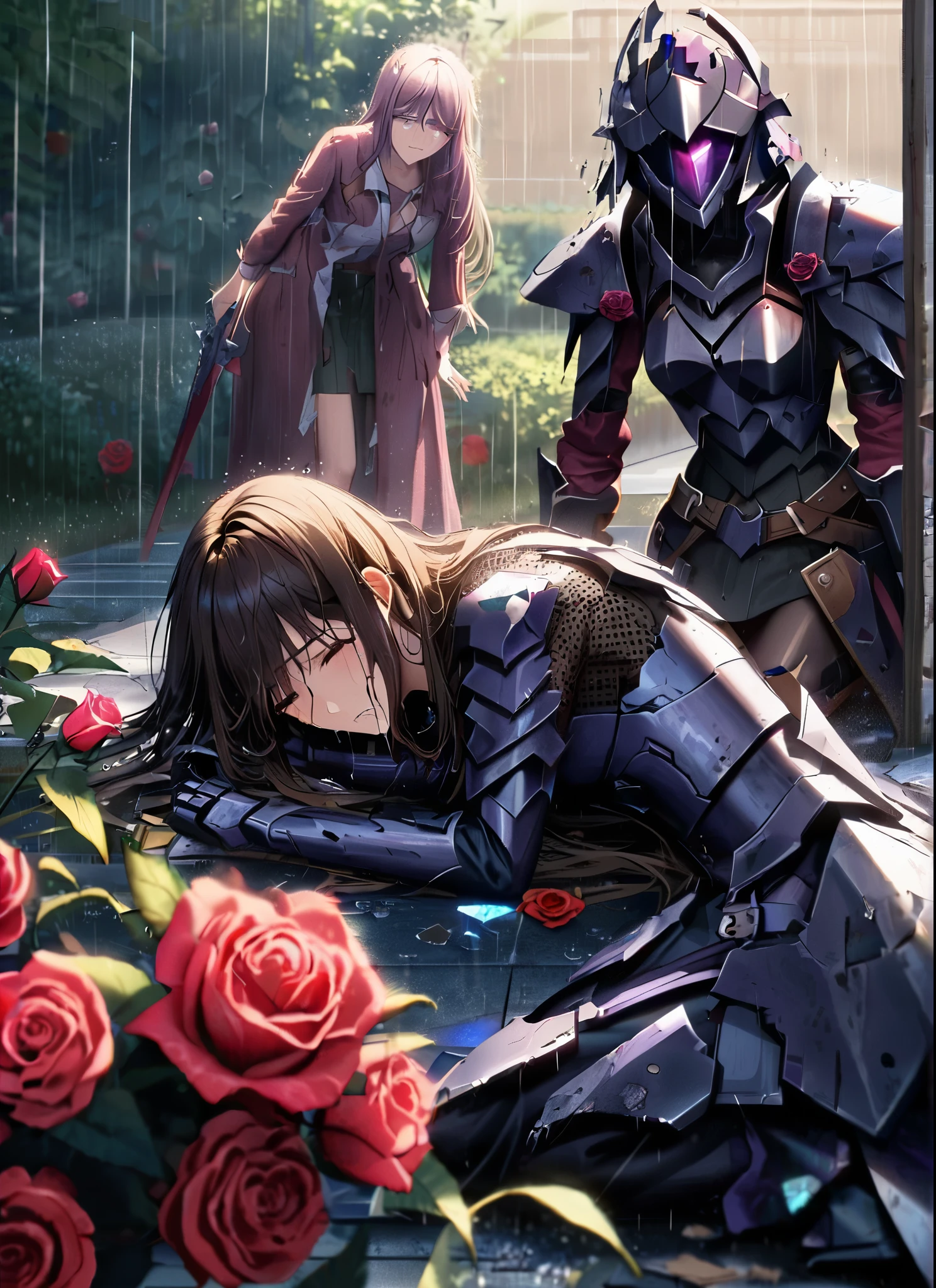 three girls, kneeling in the floor, wearing a ultra shattered and ultra broken cute skimpy dark armor, lot of missing pieces, very damaged armor ,ripped clothes, broken helmet ,broken shield and broken sword, in tears, sad, dramatic scene, tears flowing in the face, garden, roses, rain, ultra detailed face