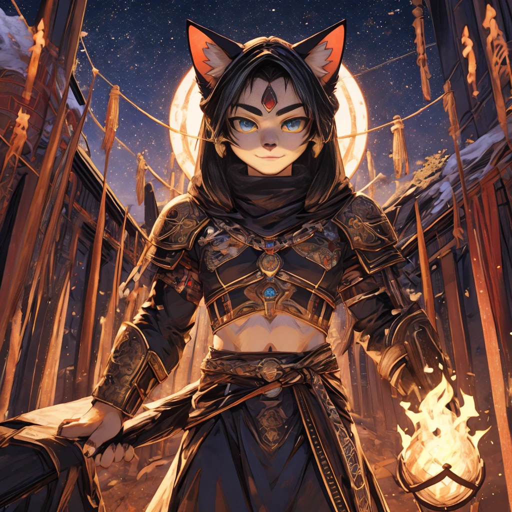 Cat Beastman、（サードアイのgirl）、（cyber punk）、highest quality、masterpiece、Ultra-high resolution、(Realistic:1.4)、Crisp and beautiful image quality、alone、girl、Forehead gem、Machinery Armor、cat ears girl、Third Eye、A fearless smile