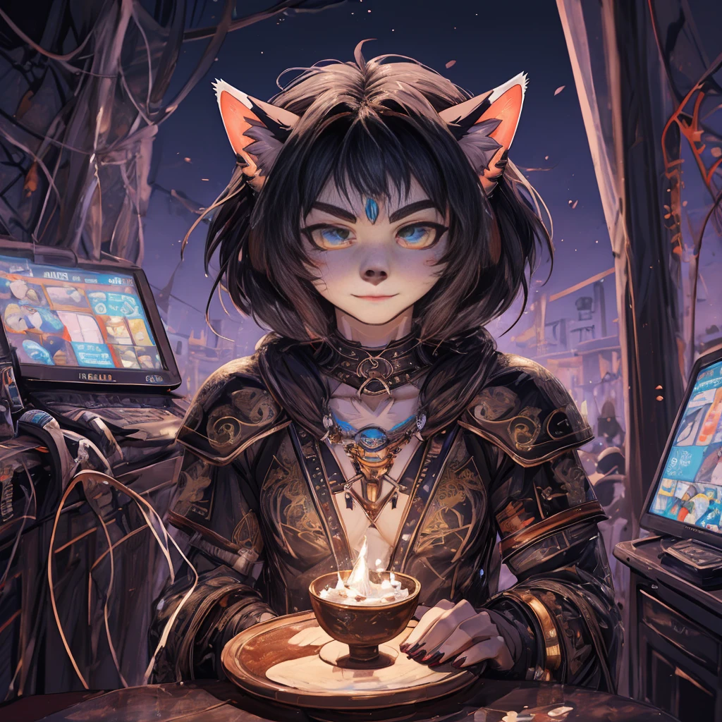 Cat Beastman、(サードアイのgirl)、(cyber punk)、highest quality、masterpiece、Ultra-high resolution、(Realistic:1.4)、Crisp and beautiful image quality、alone、girl、Forehead gem、Machinery Armor、cat ears girl、Third Eye、A fearless smile