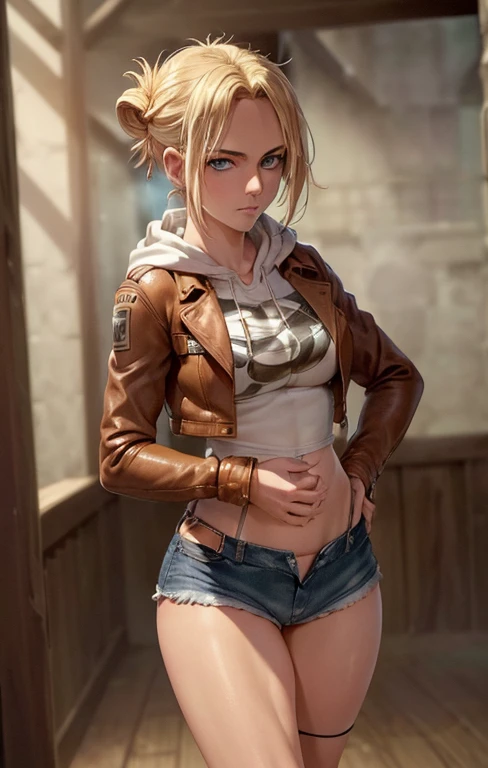 (masterpiece:1.5),(best quality:1.5),(high resolution:1.5),(8k:1.5),(perfect face:1.5),(beautiful detailed eyes:1.5),(Cowboy Shot:1.5) ,(extremely detailed face:1.5),(perfect lighting:1.5),(extremely detailed CG:1.5), (perfect hands:1.5),(perfect anatomy:1.5),,(perfect body:1.5),(perfect hands:1.5),(perfect fingers:1.5),(full body:1.5),,(1woman:1.3),(megami magazine:1.23),pale skin,(large breasts:1.2)(large ass:1.1),(hood t-shirt :1.3),(Brown Leather jacket:1.3),( Denim shorts:1.3) (blonde single bun hair:1.2),(blue eyes:1.2),(sexy look:1.3),(cameltoe:1.2),stand,(outside:1.3),(sweat:1.1),(fight pose:1.2)