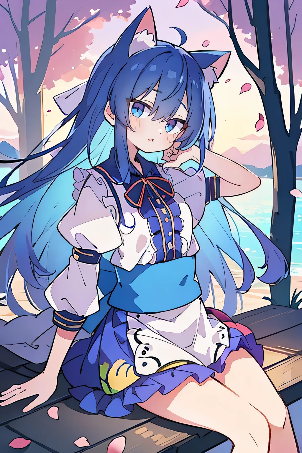 (masterpiece:1.2),Super detailed,Practical,expressive eyes,Fair skin,Perfect face shaping,1 Girl,
Japanese cartoons,Gorgeous blue hair, the long flowing blue hair,Floating clothes,Cat ears,Petals falling,beautiful lola,Young Angel,
Hands on waist,sit elegantly on the ground,Cross your legs,Gentle and peaceful background,Cool and cozy pavilion,Sunset,summer, swimsuit, wet clothes.