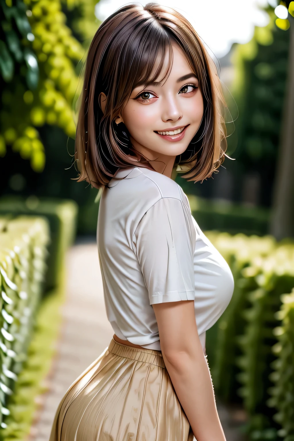 (8k, RAW Photos, highest quality, masterpiece, Realistic, Realistic), (1 female), (Ultimate beauty), Highly detailed face, (Perfect Teeth), Beautiful Eyes, double eyelid, eyelash, smile, Lip details, Brunette Bob, The light shines on your face, Big Breasts, ((T-Shirts)), (Tight mini skirt), (background: underground), ((Written boundary depth))