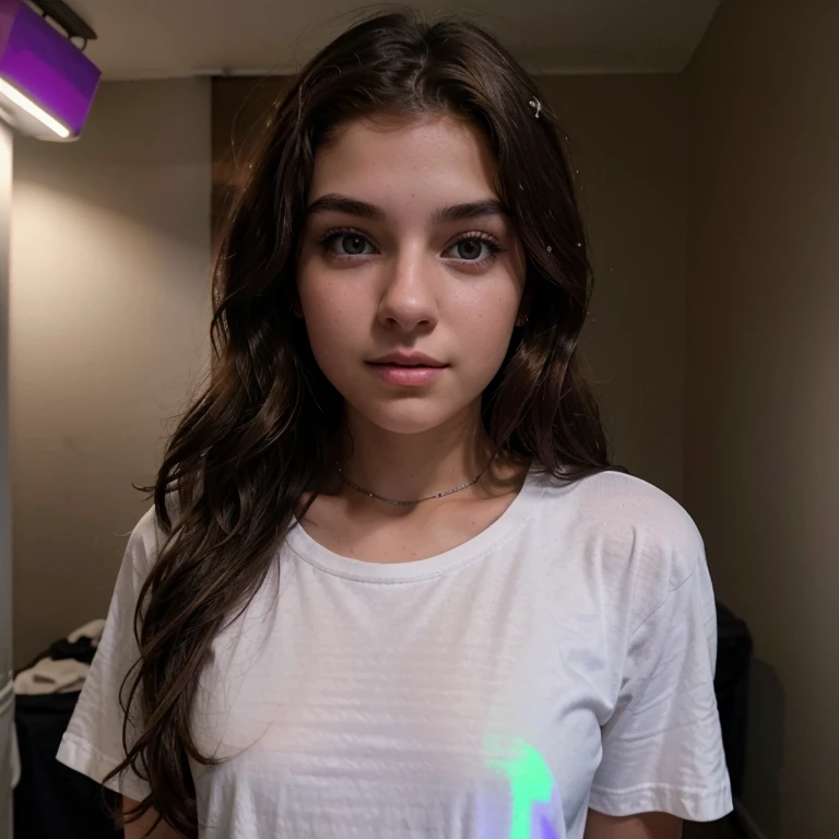Create a beautiful 16 year old white girl with green eyes who has wavy brown hair who wears a nose ring with a loose white t-shirt in a dark room with a violet LED light on the wall bringing light to the room 
