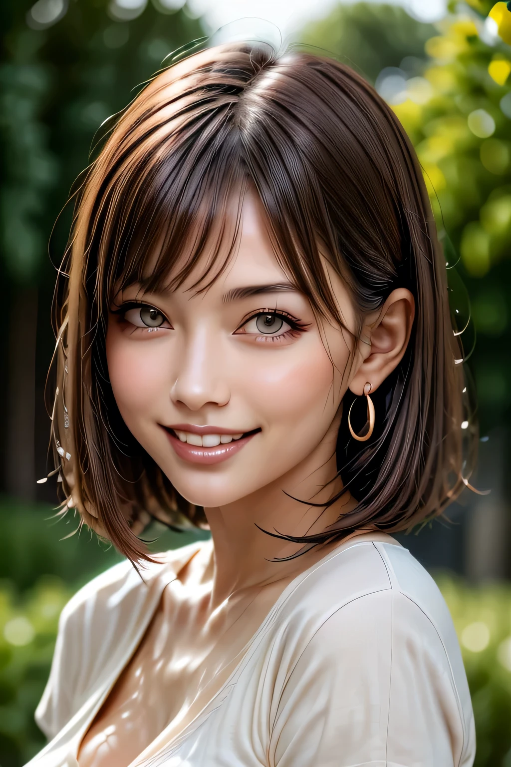 (8k, RAW Photos, highest quality, masterpiece, Realistic, Realistic), (1 female), (Ultimate beauty), Highly detailed face, (Perfect Teeth), Beautiful Eyes, double eyelid, eyelash, smile, Lip details, Brunette Bob, The light shines on your face, Big Breasts, ((T-Shirts)), (Tight mini skirt), (background: underground), ((Written boundary depth))