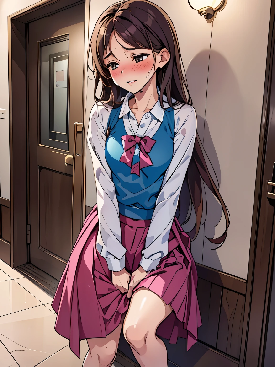 (ultra-detailed, best quality, anatomically perfect body), (small breast:1.3), shiny skin, (Various girls), girls from to 25 years ol(have to pee:1.1), (urge to pee:1.3), (very desperate to pee:1.2), bladder full, (restroom entrance), waiting for restroom with line of girls in queue, (standing), (Each one has a different tops), (Each one has a different long skirt:1.5), (Each one has a different footwear), (Each one has a different hair), various bag, (knees together and feet apart:1.3), (Rub each other's thighs:1.3), leaning forward, (hand in panties), (hand between legs), (holding the crotch:1.3), (nose blush:1.3), (embarrassment1.4), (impatience:1.6), (flustered:1.4), (fidgeting around:1.1), flowing sweat, (parted lips), (erotic body twist:1.4), (breathless:1.2), (closed eye:0.9), looking away, crisis, (from side:0.6), (from below:0.4),