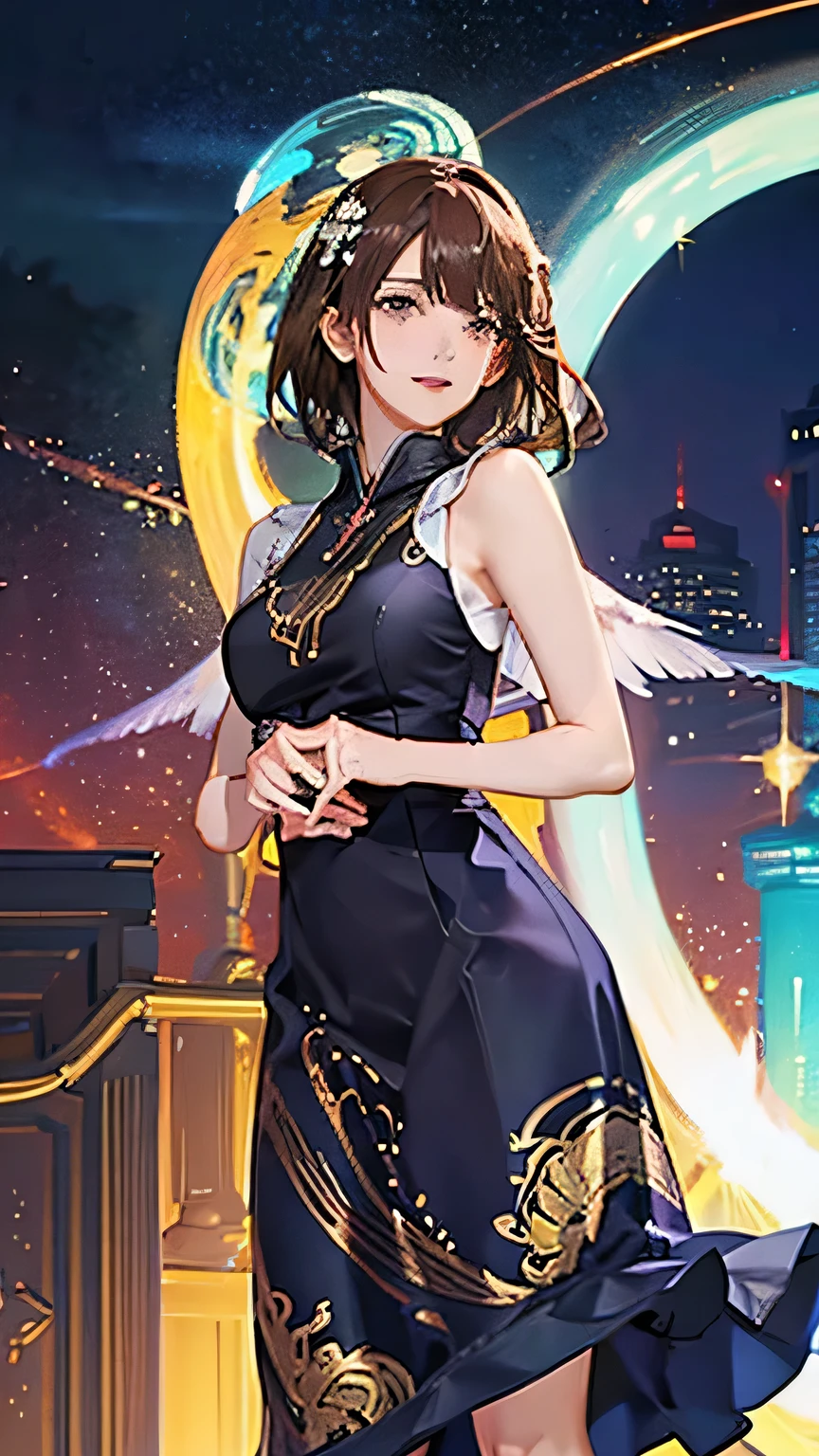 (highest quality, High resolution), Glowing Eyes, Delicate facial features, Vibrant colors, Dreamy atmosphere, Fantasy Theme, Floral Background, Graceful Movement, Detailed clothing, loose fitting dress, Elegant fashion, Magic lighting, Mysterious Aura, Heavenly Beauty, Magic thread, Whimsical elements,