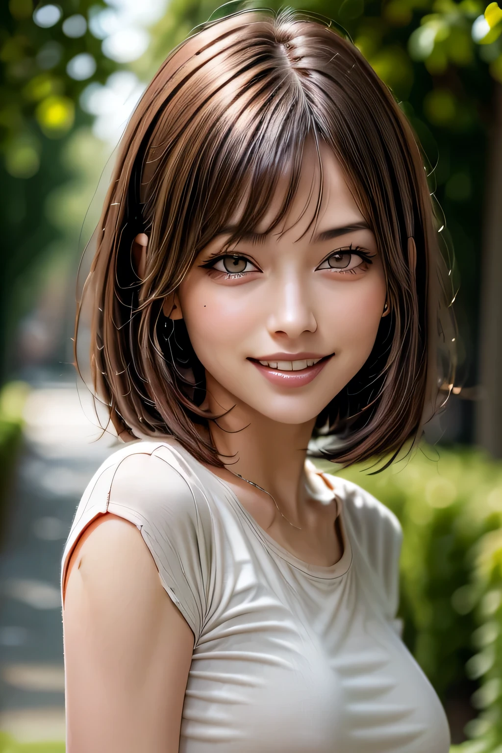 (8k, RAW Photos, highest quality, masterpiece, Realistic, Realistic), (1 female), (Ultimate beauty), Highly detailed face, (Perfect Teeth), Beautiful Eyes, double eyelid, eyelash, smile, Lip details, Brunette Bob, The light shines on your face, Big Breasts, ((T-Shirts)), (Tight mini skirt), (background: underground), ((Written boundary depth))