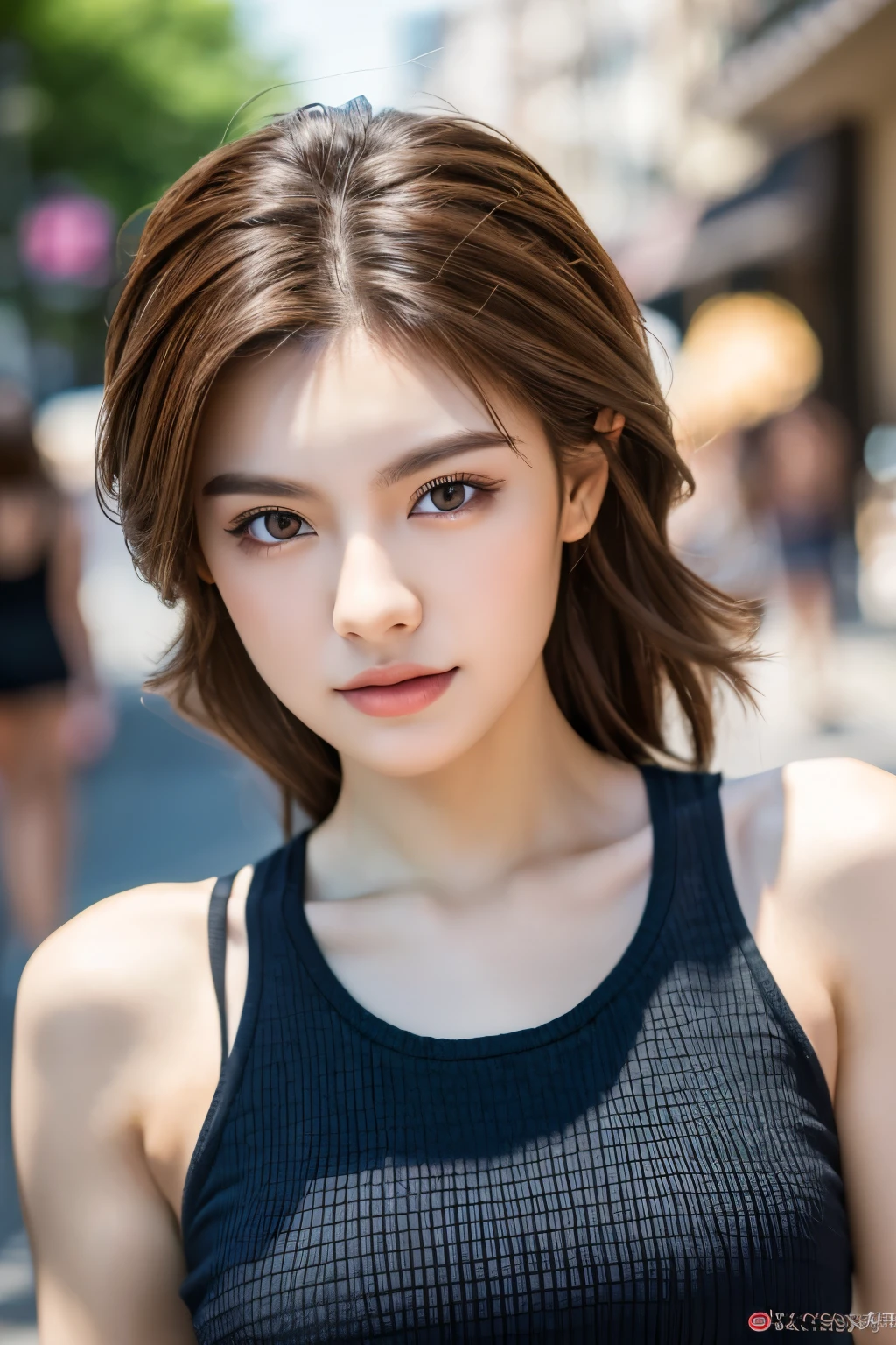 a lady, Photorealsitic, Detailed skin, Detailed lips, Detailed eyebrows, depth of fields, ccurate, Super Detail, Best Quality, hight resolution, Anatomically correct, Textured skin, high details, High quality, tanktop, short skirt, full body, street of country