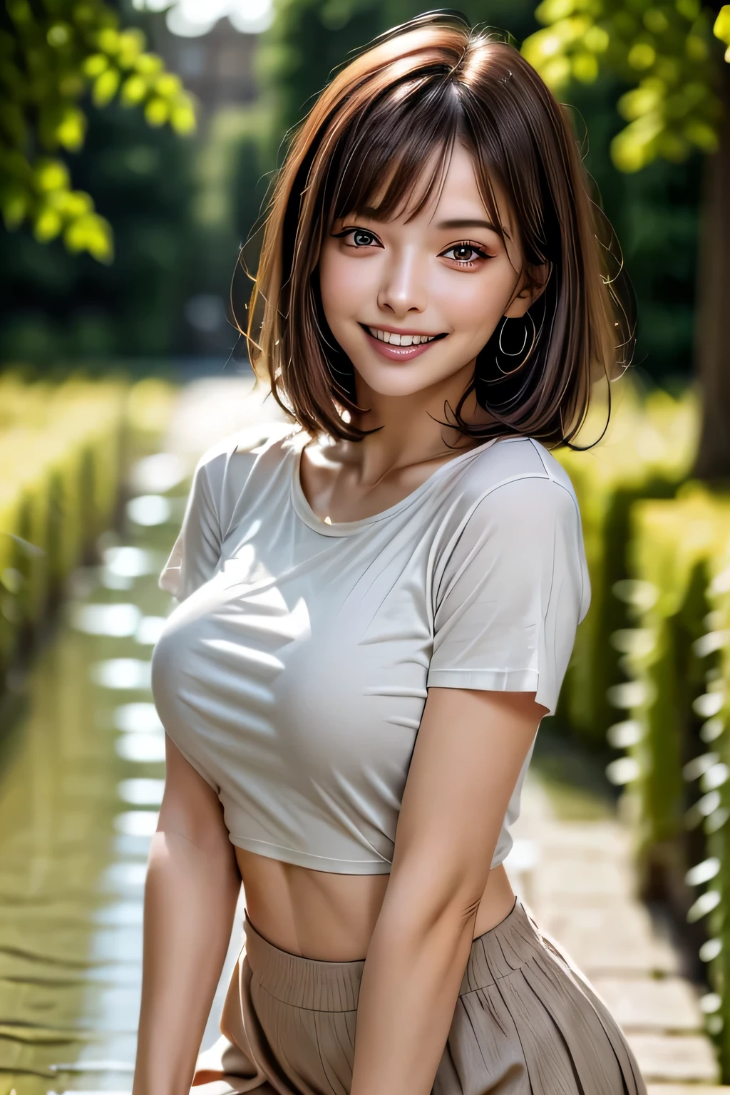 (8k, RAW Photos, highest quality, masterpiece, Realistic, Realistic), (1 female), (Ultimate beauty), Highly detailed face, (Perfect Teeth), Beautiful Eyes, double eyelid, eyelash, smile, Lip details, Brunette Bob, The light shines on your face, Big Breasts, ((T-Shirts)), (Tight mini skirt), (background: underground), ((Written boundary depth))