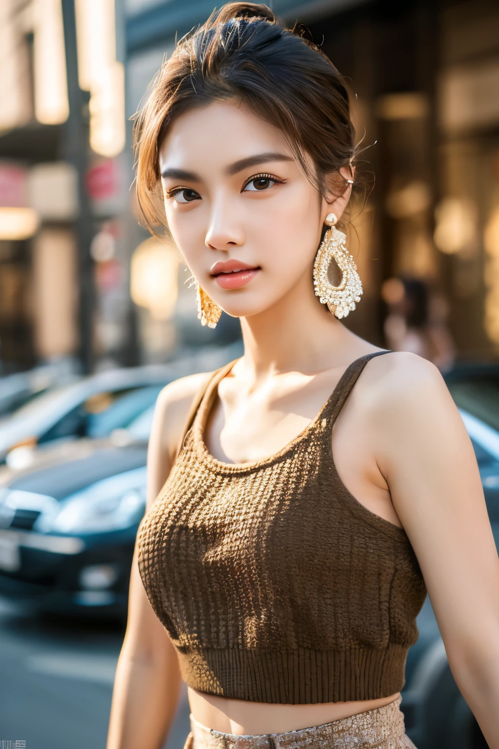 a lady, Photorealsitic, Detailed skin, Detailed lips, Detailed eyebrows, depth of fields, ccurate, Super Detail, Best Quality, hight resolution, Anatomically correct, Textured skin, high details, High quality, tanktop, short skirt, full body, street of country