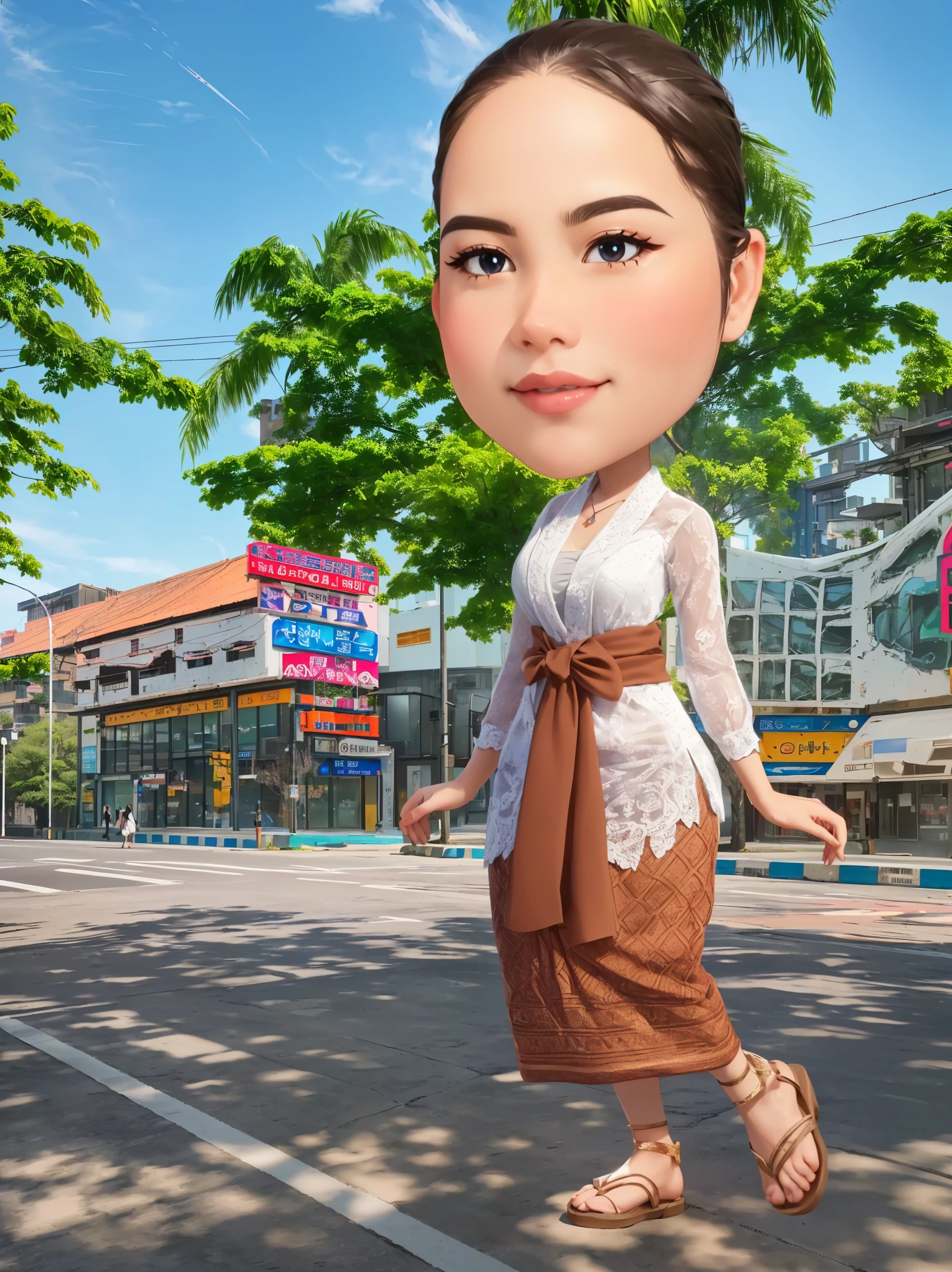 cartoon woman walking down the street in a white dress, south east asian with round face, forest city streets behind her, anime thai girl, in city street, standing on street corner, inspired by Max Buri, standing in township street, standing in a city center, in style of lam manh, at a city street, unreal ungine 5, 3 d demo reel avatar