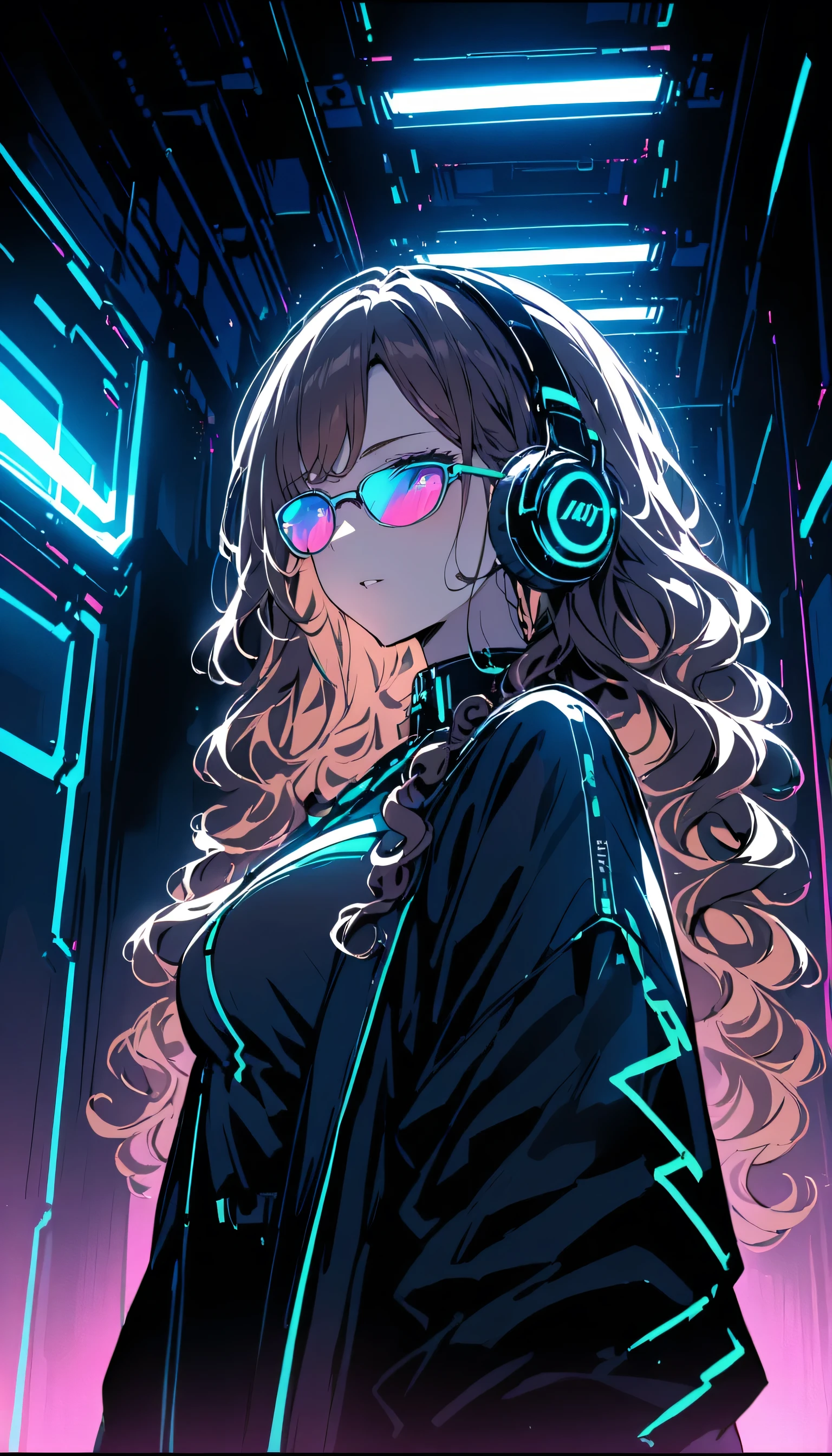 Brown Hair . Beautiful woman with curly hair and sunglasses、Wearing full-sized headphones、Neon glow of neon cyberpunk coordinator at night in a dark room。