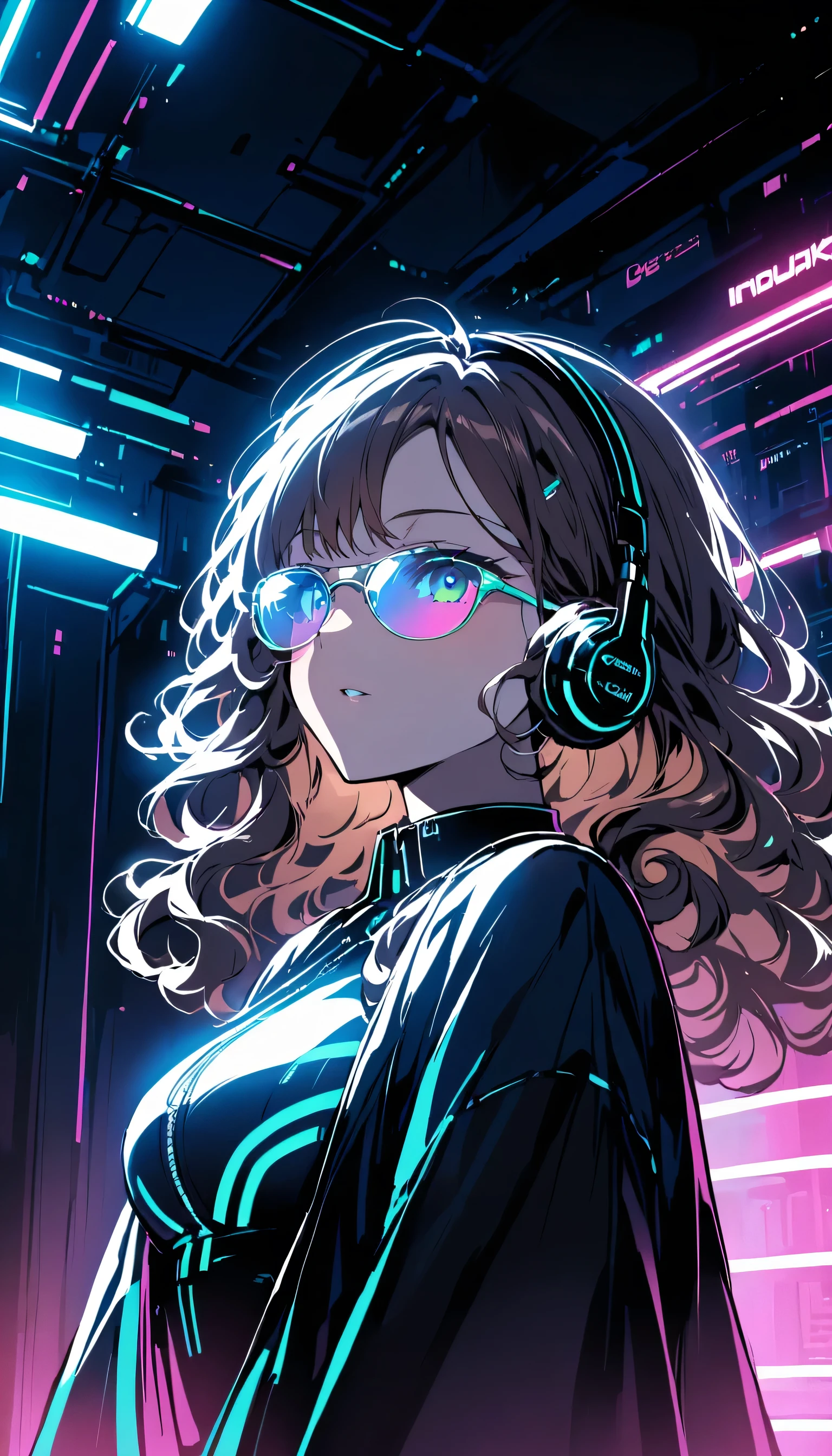 Brown Hair . Beautiful woman with curly hair and sunglasses、Wearing full-sized headphones、Neon glow of neon cyberpunk coordinator at night in a dark room。