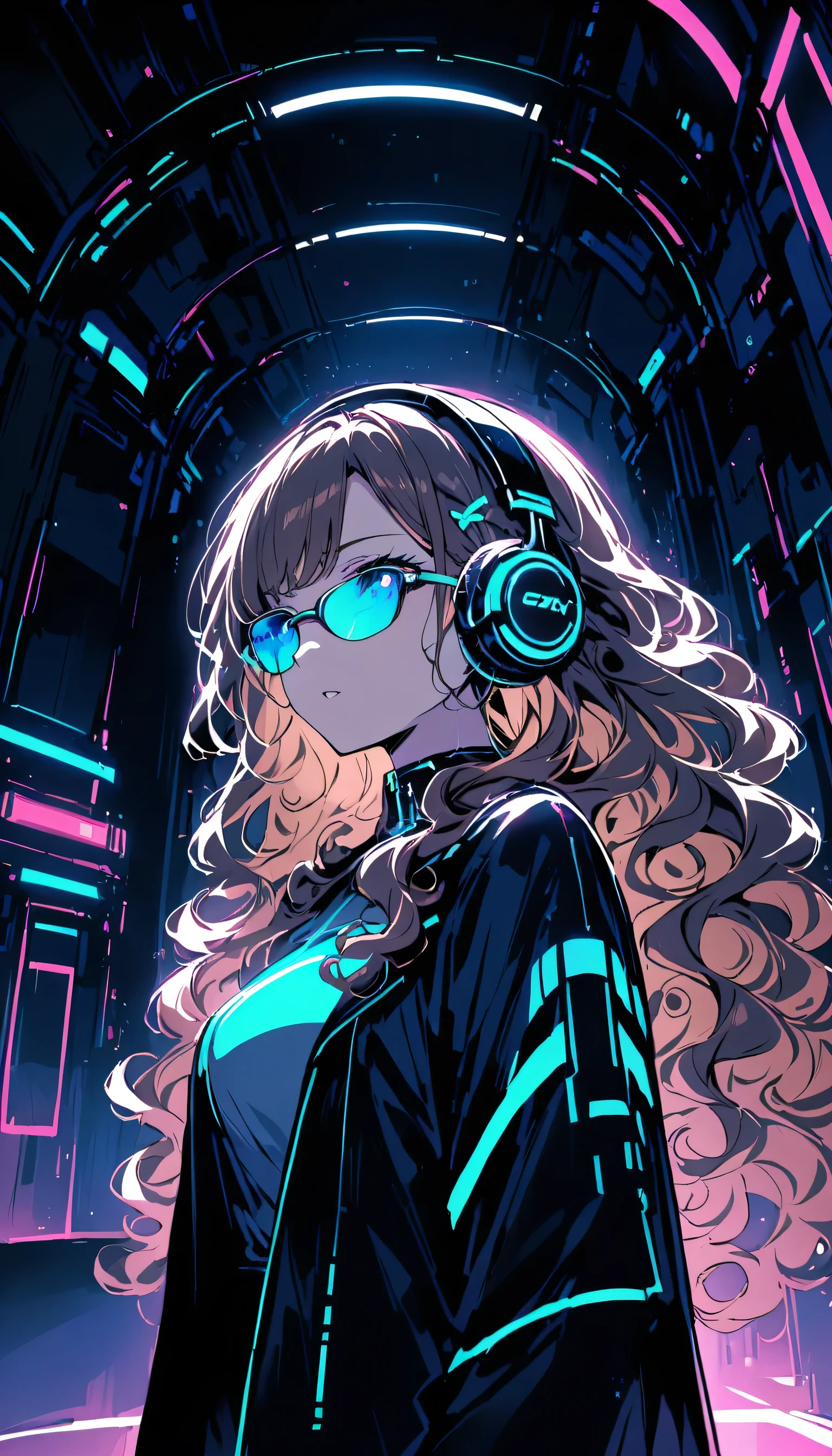 Brown Hair . Beautiful woman with curly hair and sunglasses、Wearing full-sized headphones、Neon glow of neon cyberpunk coordinator at night in a dark room。