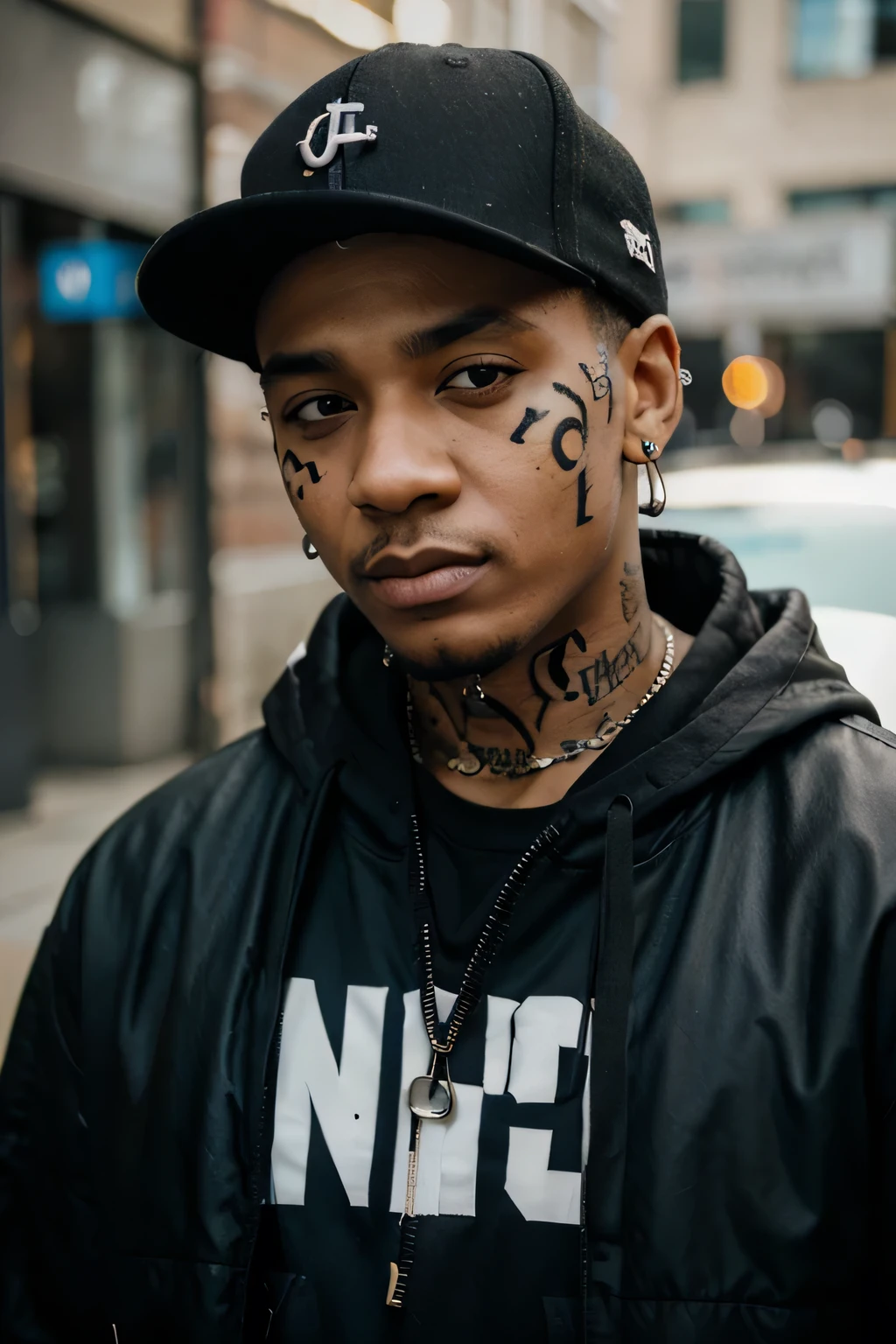 urban rapper with music note face tattoo 