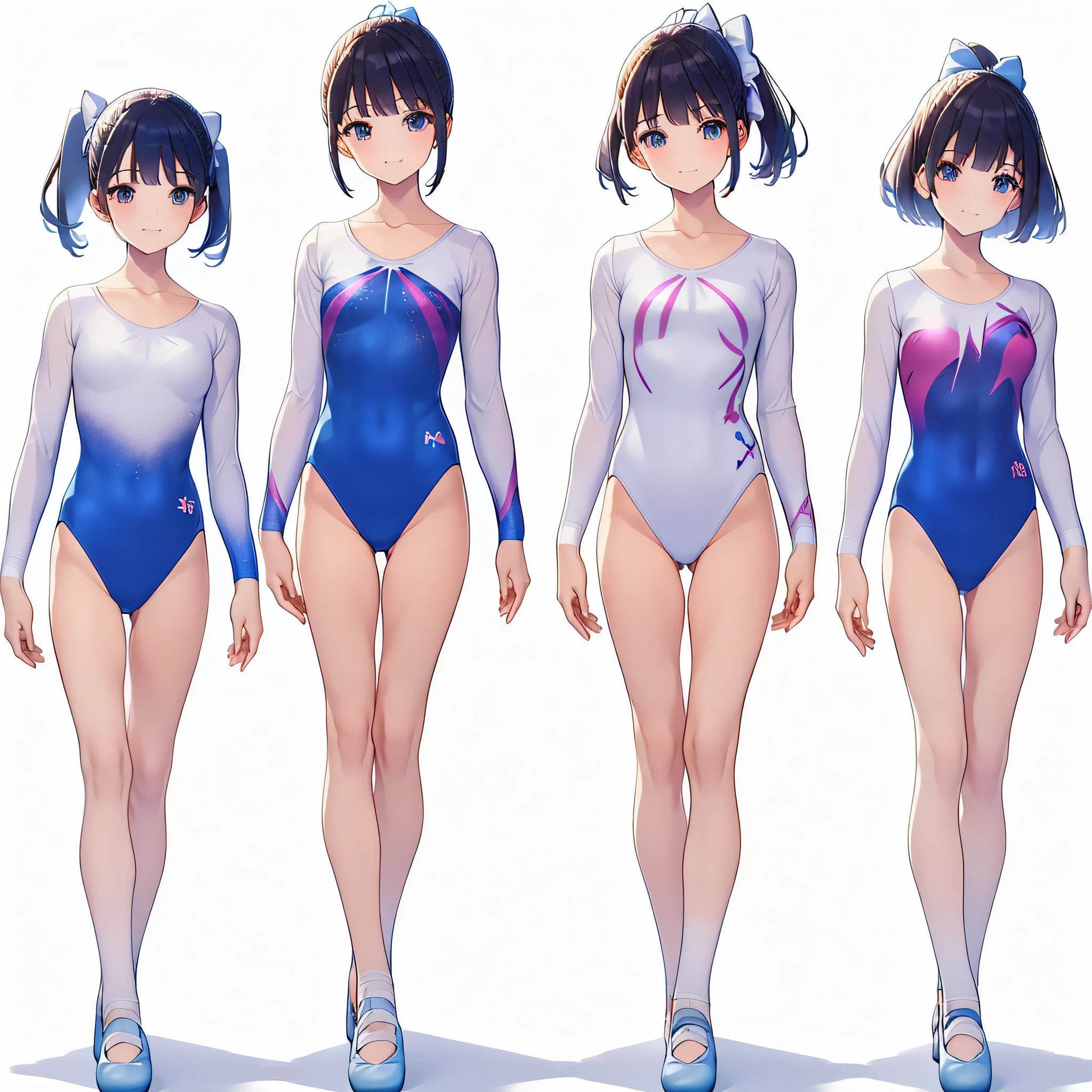 Gymnastics club,(4 girls:1.3),(long sleeves leotard:1.3),(plaid print leotard:1.3),(white leotard),full body, pony tail, blue ribbon, long hair,(body suit:1.2),(over , under 19 years old:1.2), ballet shoes, white background