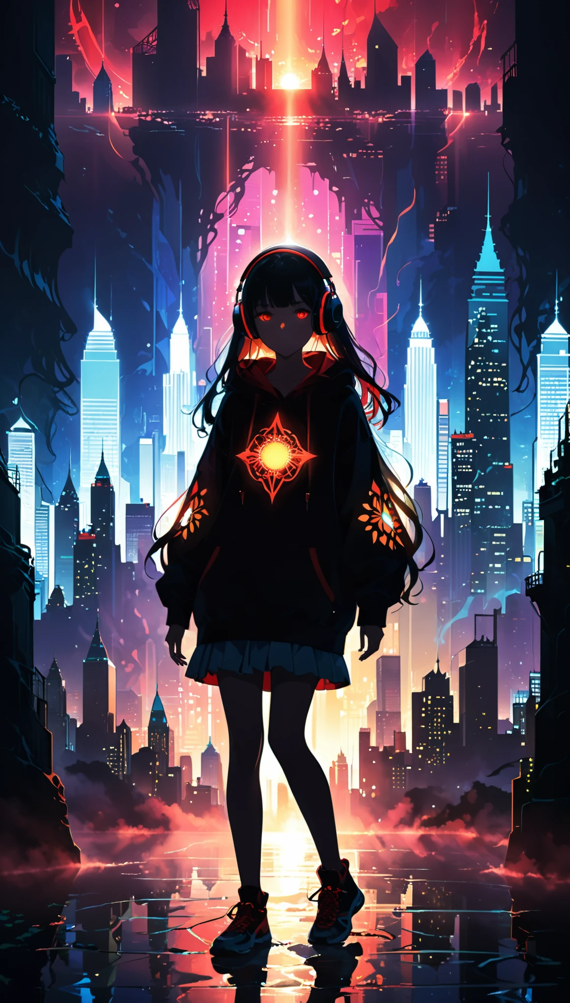 (artist by Jack Hughes:1.4),1girl,(wavy very long hair:1.3),(bright cityscape pattern on clothes:2.1),wide hood,hoodie,(headphones:1.2),silhoue1tte,
(skyline:1.2),(cityscape:1.4),(a big iron tower:1.3),Standing at the top of the tower,lavenderblush theme,(darkness:1.3),(silhouette:1.5),(Background with rich lines:1.5),(abstract background:1.6),(detail glowing red eyes:1.8),(looking the view:1.1),(Dark atmosphere,shadow,Silhouette,Minimalist style,dark,Very strong darkness:1.5),(dynamic_angle:1.2),(stylish_pose:1.6),glowneon,(dutch angle:1.2),
glowing,neon,(diffracted lightfog:1.8),hug your chest with one hand,volumetric,detailed,texture,(shadow:1.5),(bajifashien is loose and stylish:1.3),dynamic angle,rainbow hair,detailed cute anime face,((loli)),flower,cry,water,corrugated,flowers tire,broken glass,(broken screen),atlantis,transparent glass,curvy poseing,