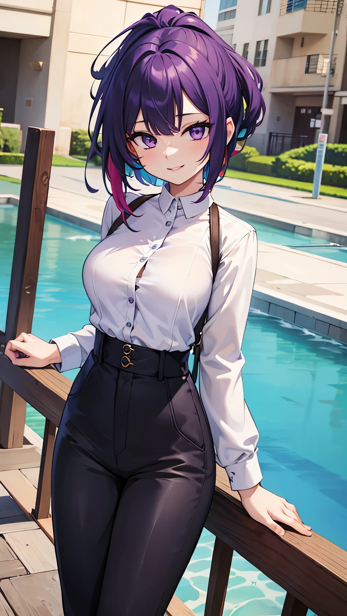 masterpiece, highest quality, High resolution, thrjuri, Multicolored Hair, Purple eyes, Black trousers, Wicked Smile, Outdoor,