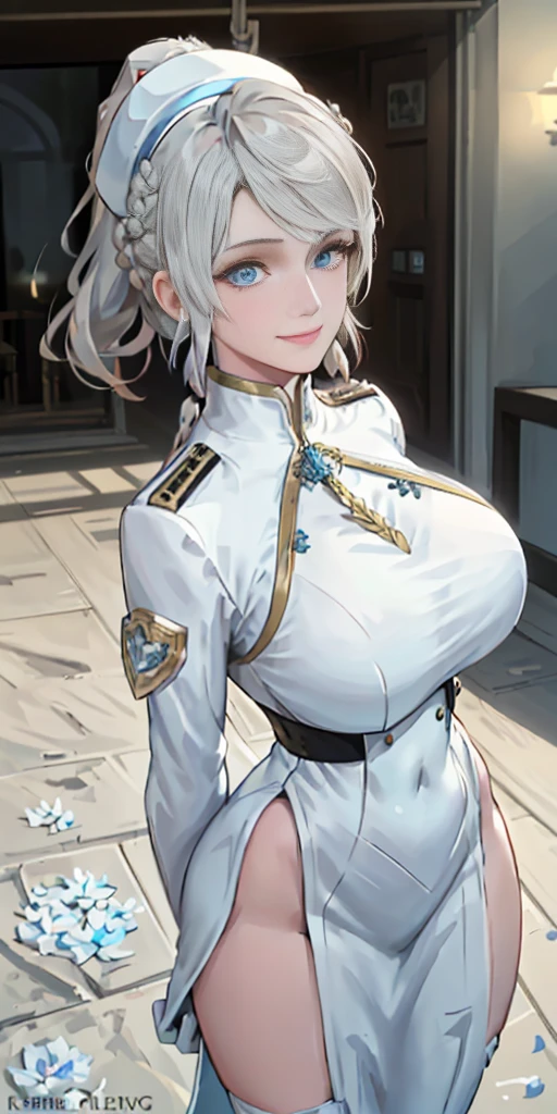 Best image quality, 4k, masterpiece, female, short silver white hair with long braids, beautiful mature bimbo milf, light brown hair, light blue eyes, sharp eyes looking at the camera, face focus, delicate facial features, white uniform, white gloves hat, arms holding flowers (bouquet), artistic lighting, portraiture, face magnification, [elegant demeanor, dignified atmosphere and excellent posture that catches the eye + beautiful face + portrait painting effect] (large breasts:1.5) (beautiful detailed eyes) (smile:1.2) (closed mouth) sharp focus, depth of field, good composition, stockings, toned body, athletic, wide hips, thin waist, toned arms, exposed abdomen, view from behind