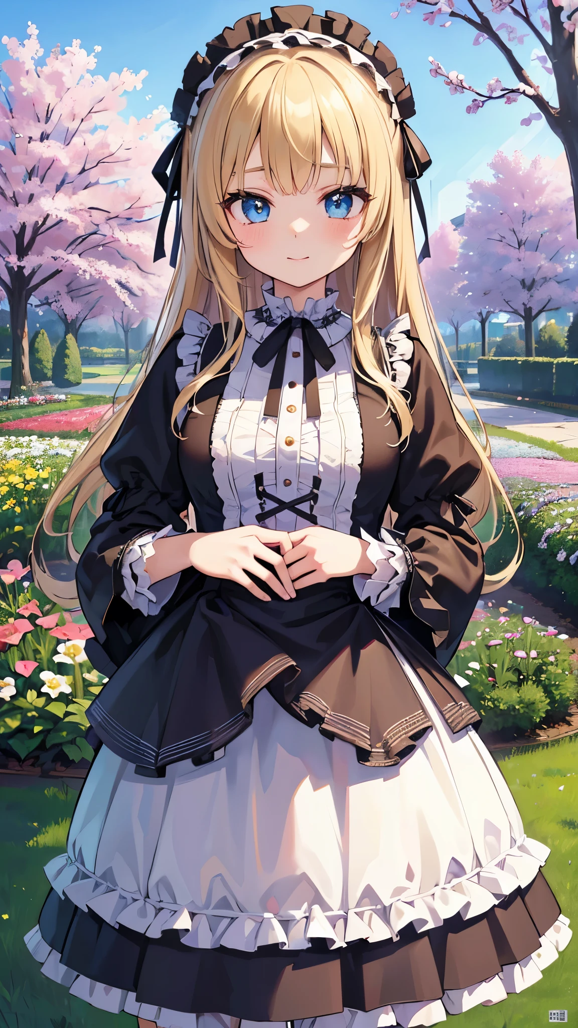 masterpiece, (highest quality, Very detailed:1.6), (Ultra-high resolution:1.5),Super quality (anime),(Sharp focus), (Very detailed:1.3),(Detailed face:1.1),(Perfect Anatomy), delicate (animeーション),
from the front, 1 anime cute girl,(Cute face:1.1),Cute body, Sexy big , Blonde Straight Hair,Ice blue eyes, (We say:1.4), A kind smile,(spring, Blooming garden landscape:1.3),No holding,Outdoor,(frills_ta Fashion:1.3),Cowboy Shot,snap shot