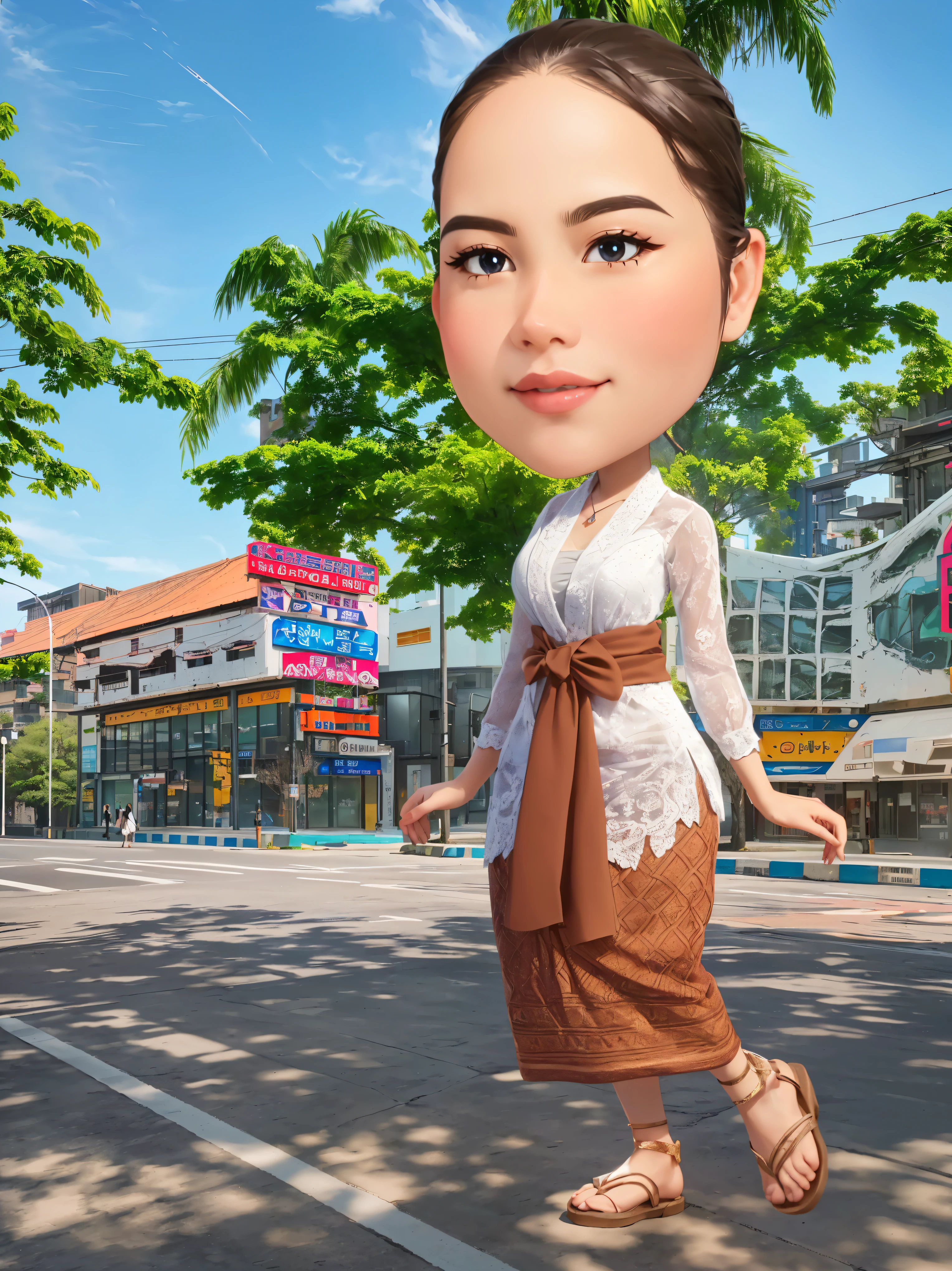 cartoon woman walking down the street in a white dress, south east asian with round face, forest city streets behind her, anime thai girl, in city street, standing on street corner, inspired by Max Buri, standing in township street, standing in a city center, in style of lam manh, at a city street, unreal ungine 5, 3 d demo reel avatar