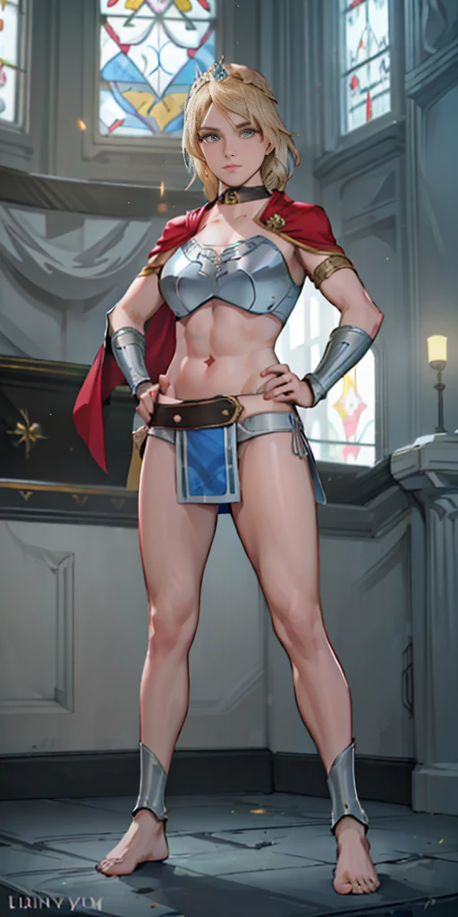 Female wearing tight gantz suit armor torn apart, black collar, corset, navel, abs, single braid, blonde, yellow glowing eyes, bright pupils, eye focus, red cape, temple indoors, stained glass windows, night, moonlight, particles, light beam, chromatic aberration, (full body, whole body. 1solo (girl) slave fighter, loincloth standing, hands on hips full body, whole body, 1solo (girl). slave fighter, standing, hands on hips, choker, big belt, view from below, feet together, bracers, tiara)