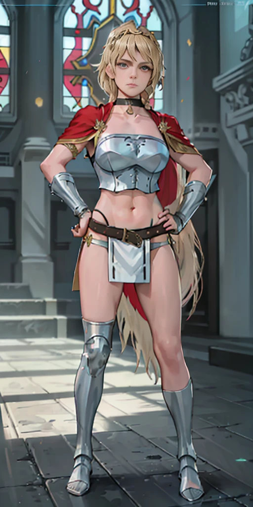 Female wearing tight gantz suit armor torn apart, black collar, corset, navel, abs, single braid, blonde, yellow glowing eyes, bright pupils, eye focus, red cape, temple indoors, stained glass windows, night, moonlight, particles, light beam, chromatic aberration, (full body, whole body. 1solo (girl) slave fighter, loincloth standing, hands on hips full body, whole body, 1solo (girl). slave fighter, standing, hands on hips, choker, big belt, view from below, feet together, bracers, tiara)