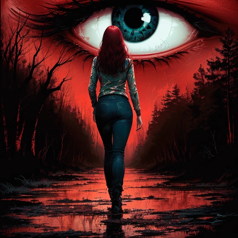 Image of a woman in her 50s walking through a swamp under a red sky, detailed 4k Horror Artwork, horror movie poster art, Horror movie poster style, Horror illustration, horror poster, Sharp Eye, Focus on women, creepy eyes, God's Eye, ( ( ( Horror Art ) ) ), Dan Mumford's Artwork Style, large Horror Artwork